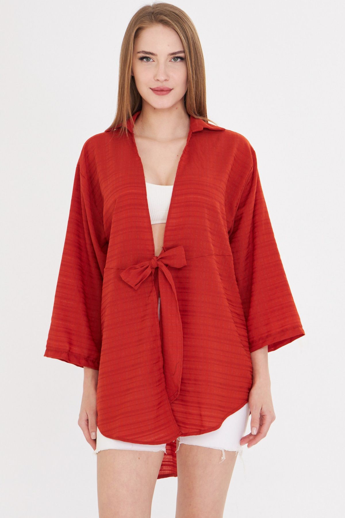Kadın Kiremit Kendinden Çizgili Önden Bağlamalı Kimono Gömlek ARM-24Y001101