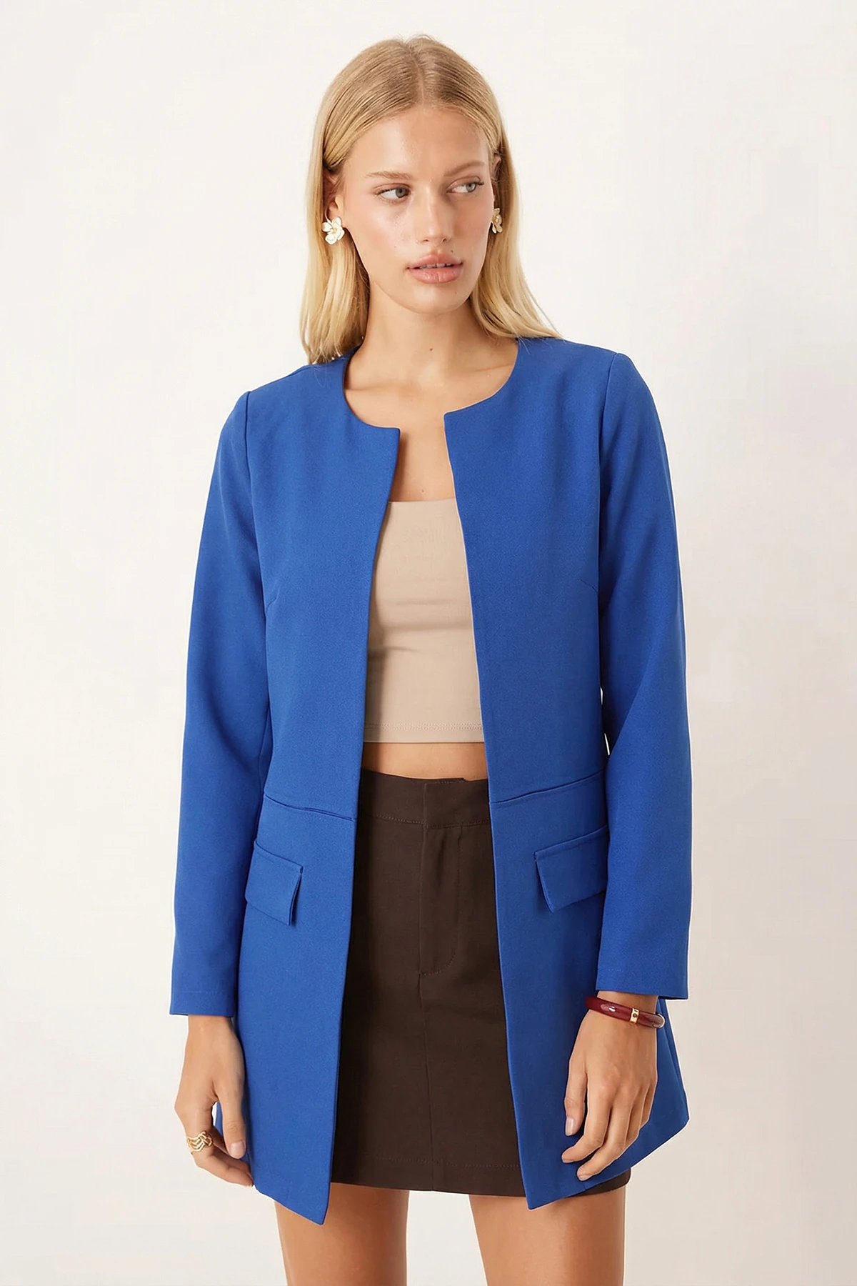 Kadın Saks Beli Dikişli Uzun Ceket ARM-26K001017