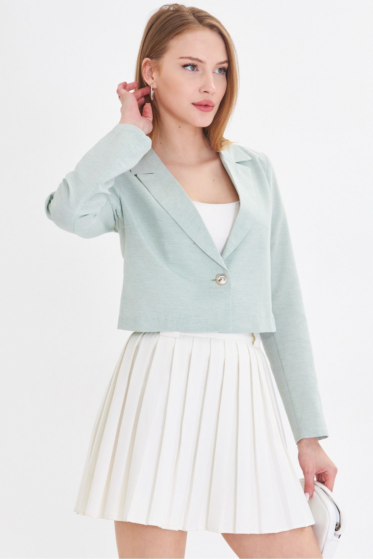 Kadın Mint Tek Düğmeli Crop Ceket Arm-23y001064