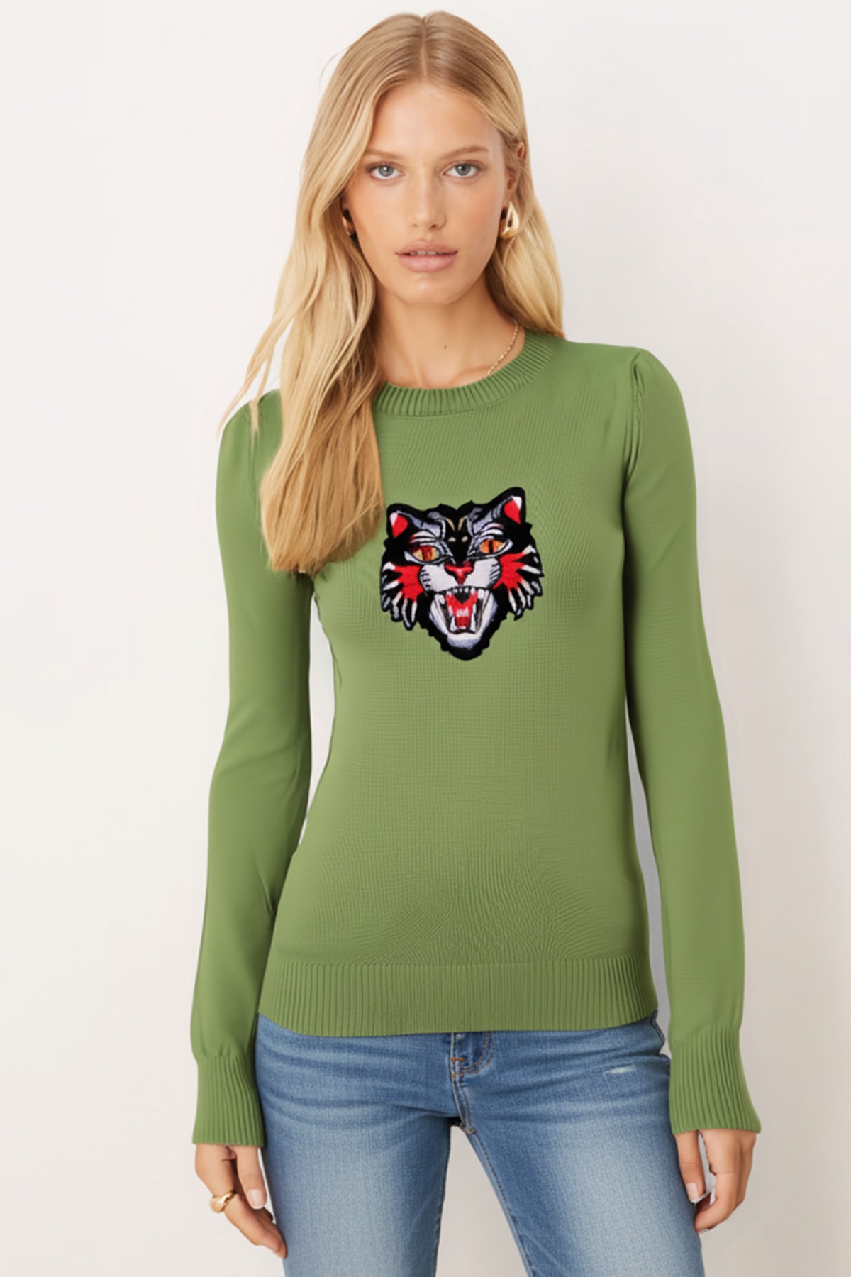 Kadın Açık Yeşil Bisiklet Yaka Aplikeli Kazak ARM-26K136002