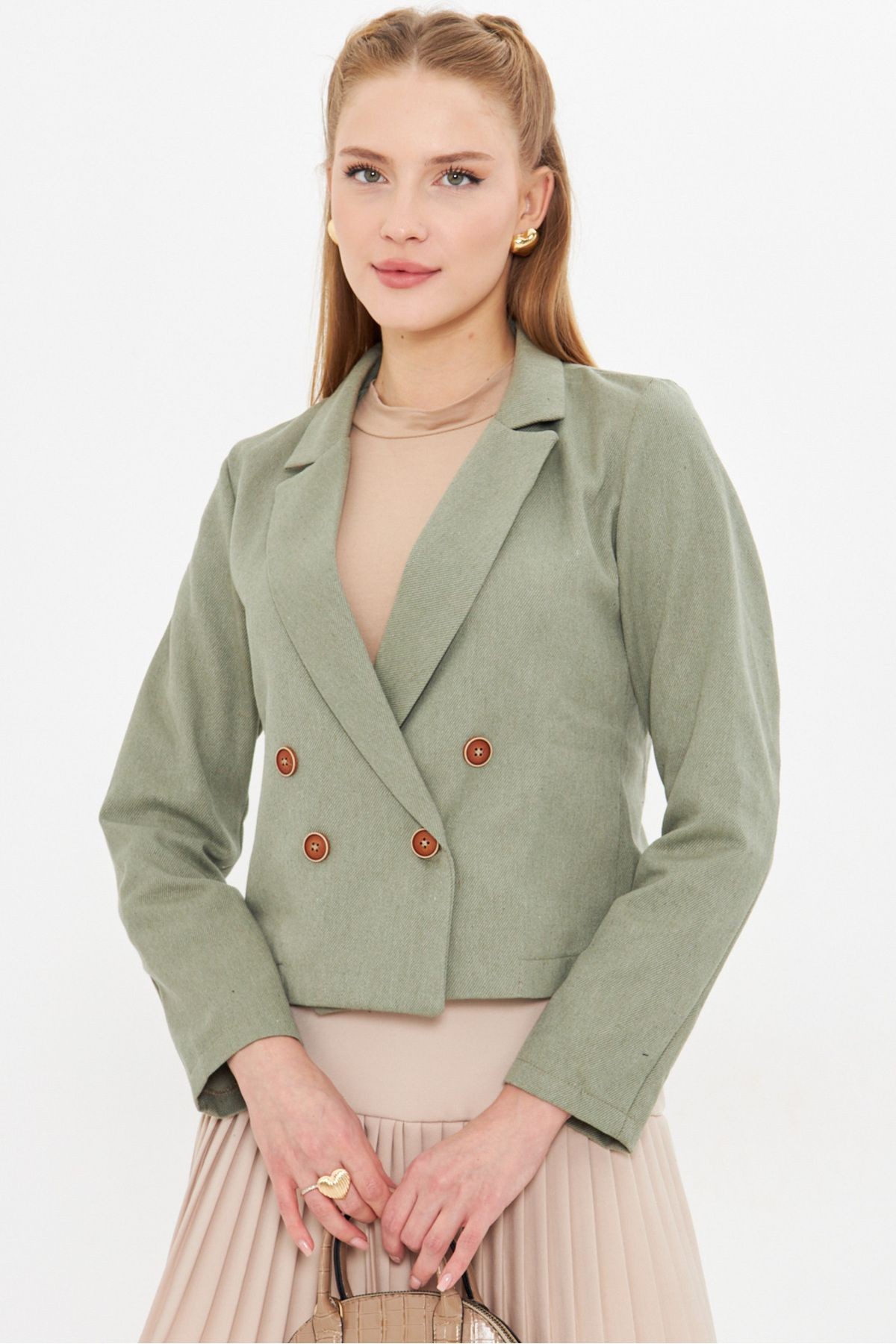 Kadın Haki Kruvaze Yaka Gabardin Crop Ceket ARM-24Y001010