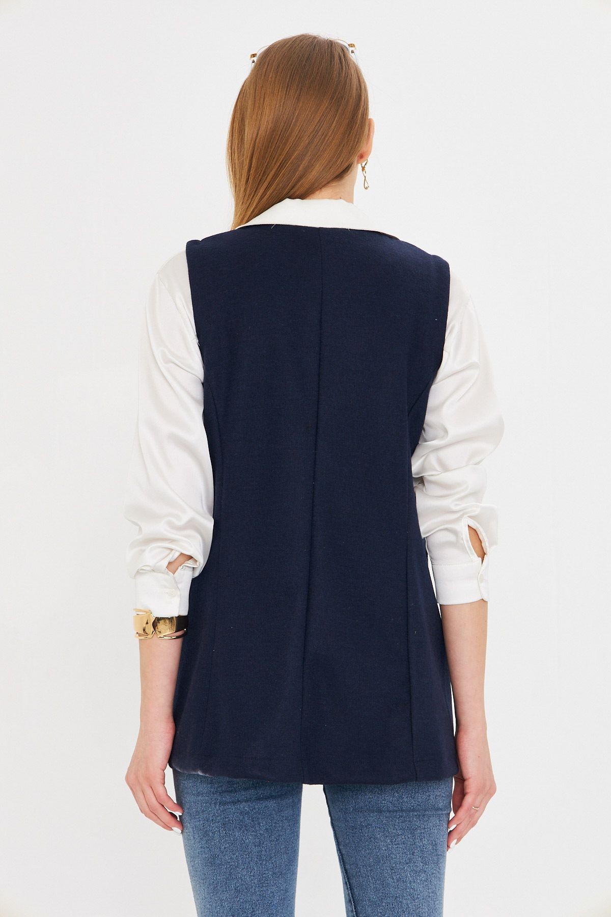 Kadın Lacivert V Yaka Tek Düğmeli Oversize Desenli Yelek ARM-25K001110