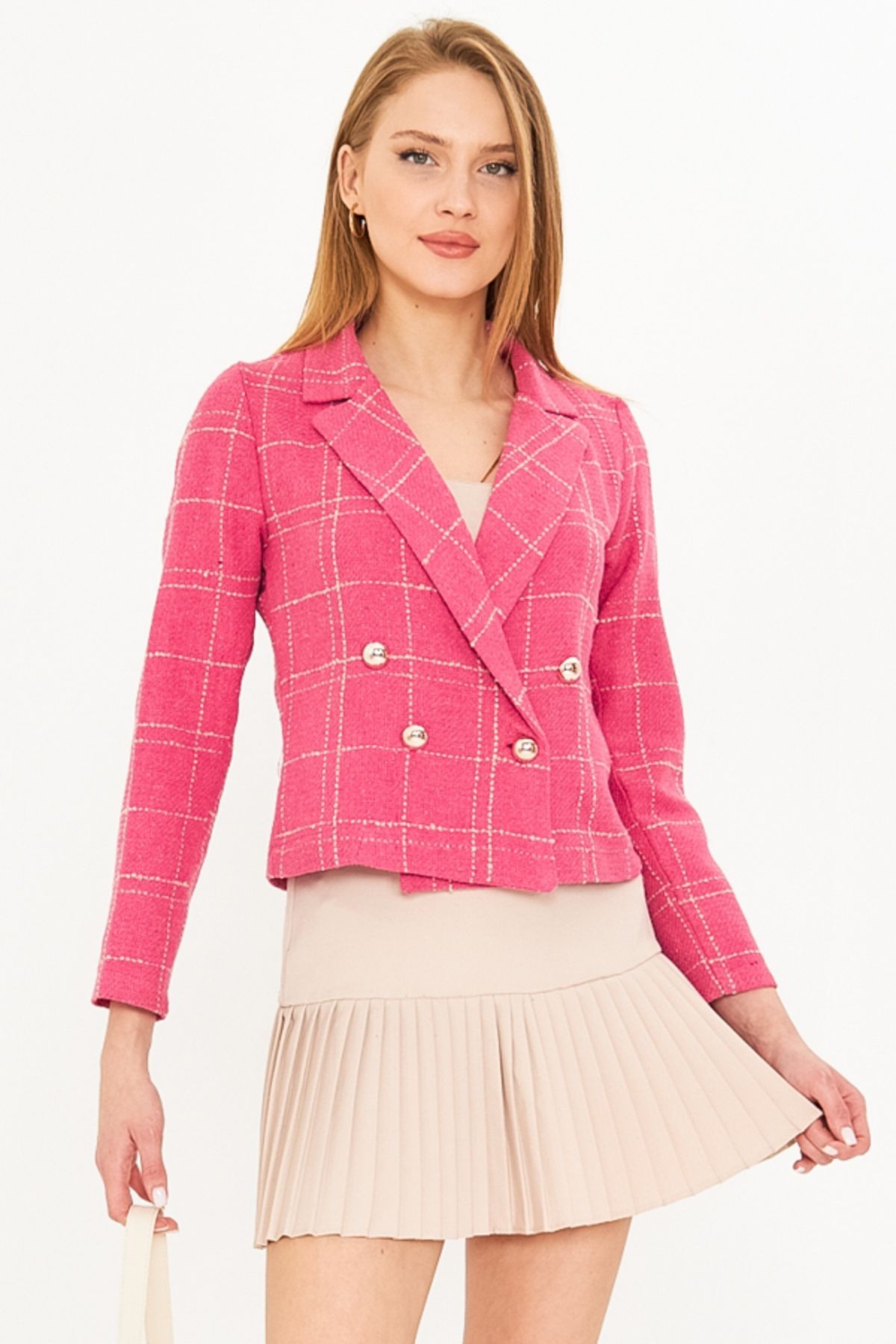 Kadın Fuşya-Bej Kruvaze Yaka Tüvit Crop Ceket ARM-24K001014