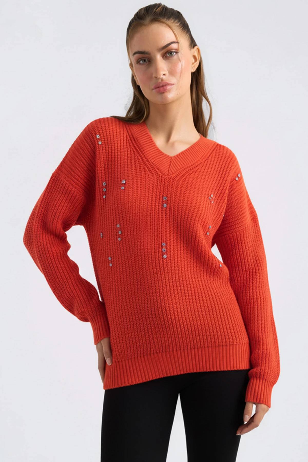 Kadın Turuncu V Yaka Taşlı Triko Kazak ARM-26K136026