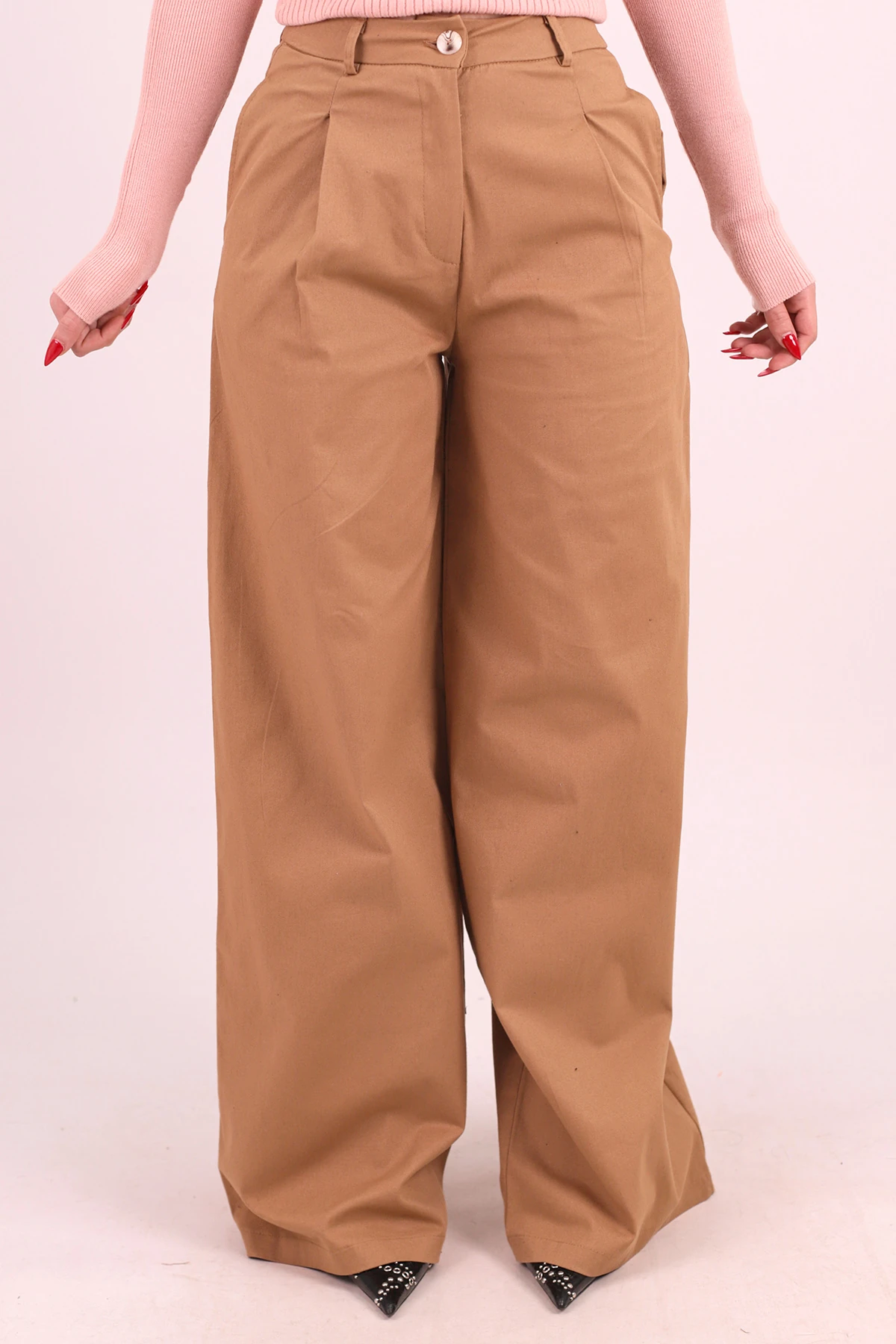 Kadın Bej Yüksek Bel Önden Pile Detaylı Bol Paça Pantolon ARM-26K136041