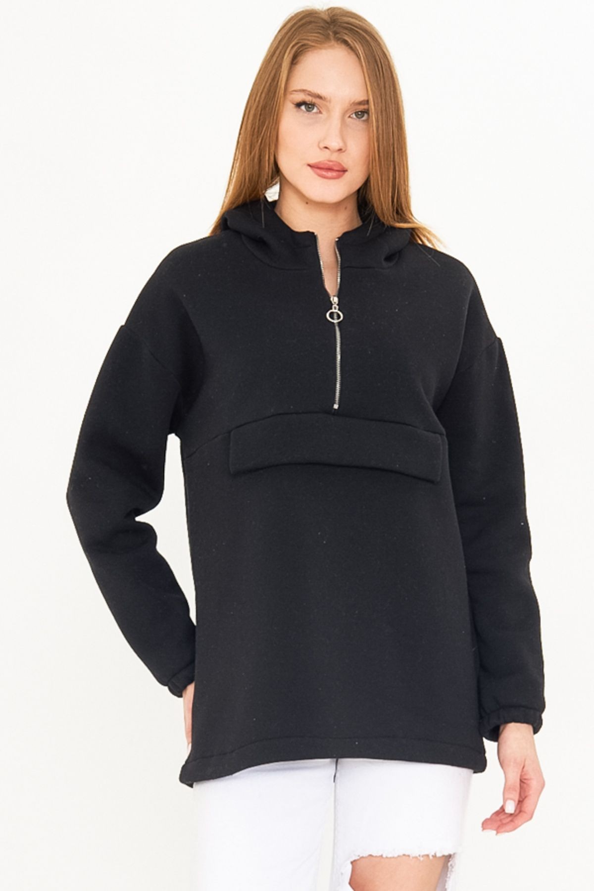 Kadın Siyah Cep Kapaklı Fermuarlı Sweatshirt ARM-22Y001168