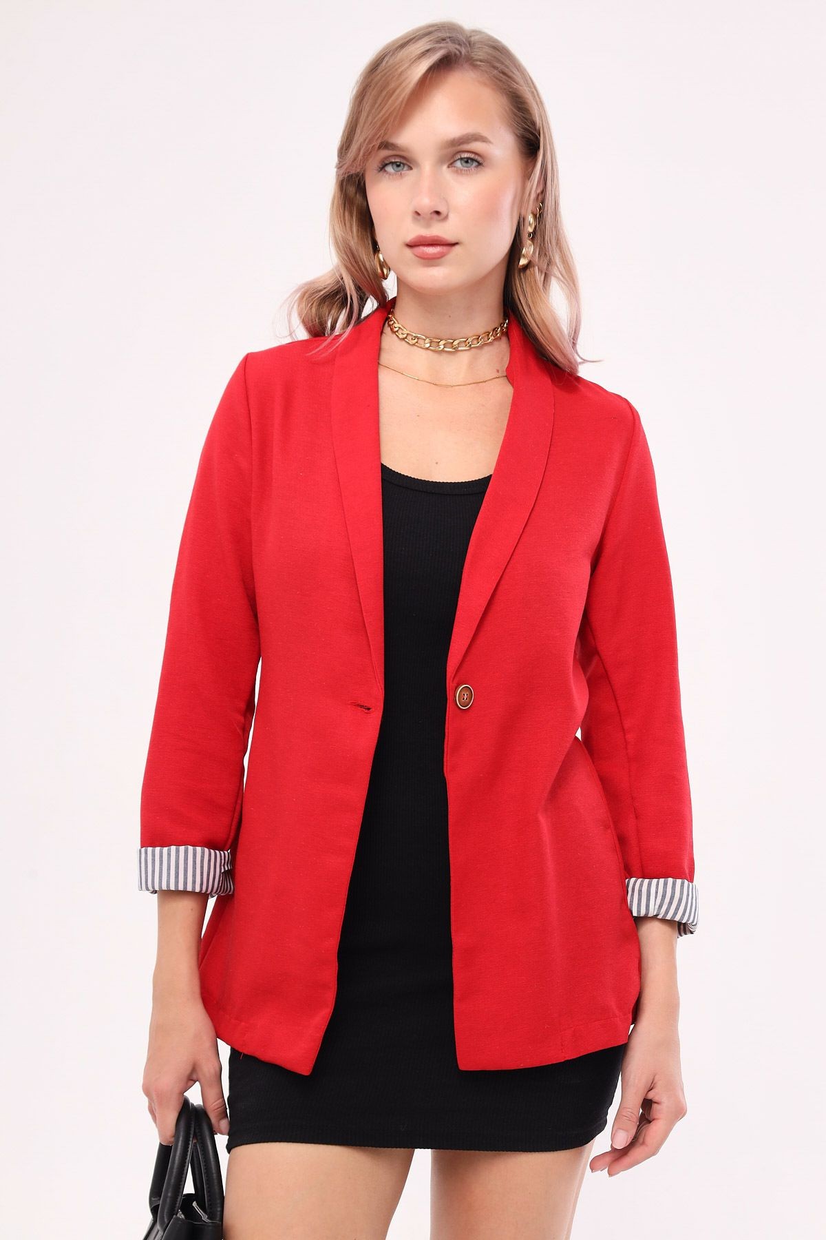 Kadın Kırmızı Kol İçi Çizgili Tek Düğmeli Ceket ARM-22K001122
