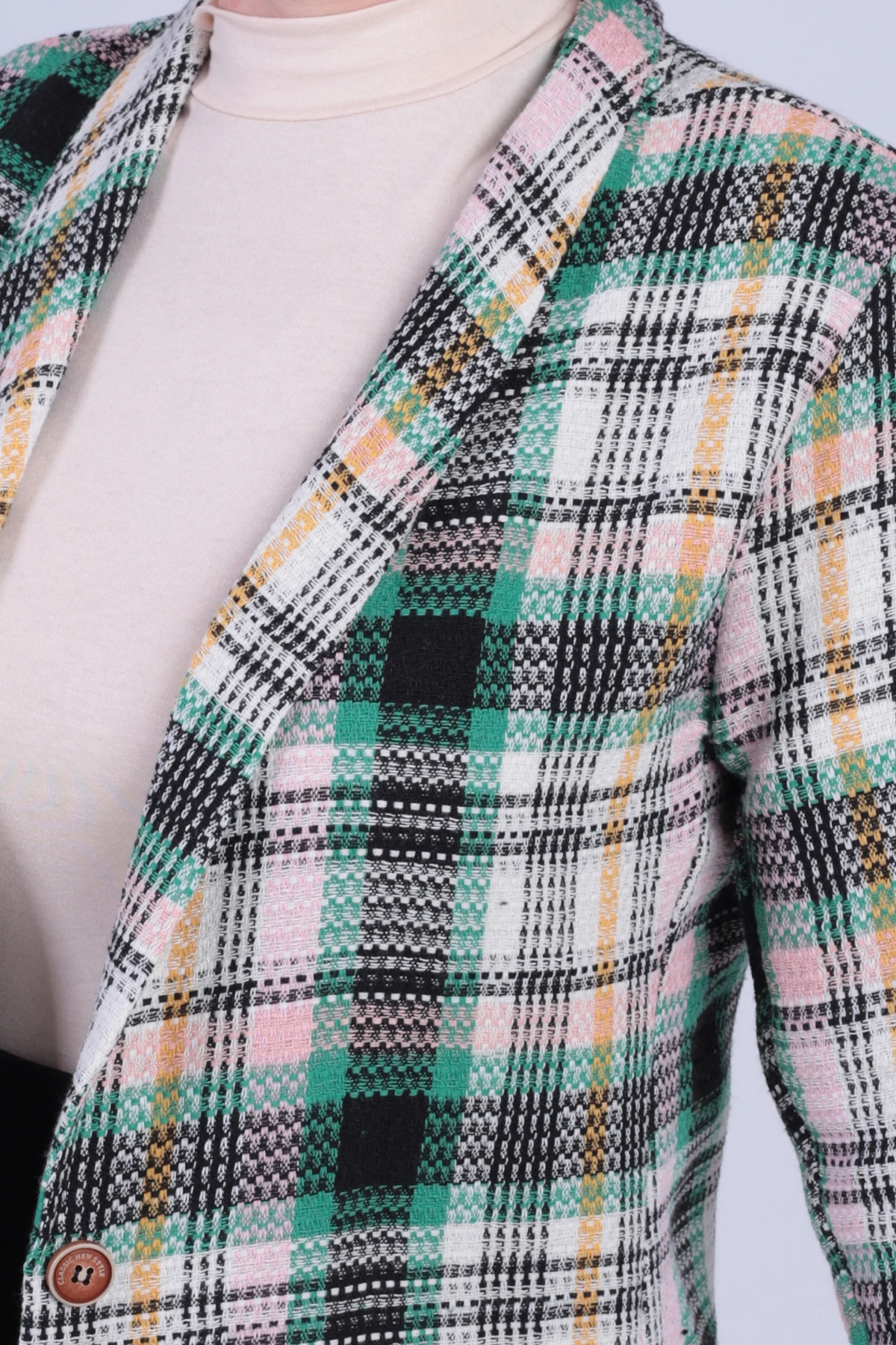 Kadın Pudra Şal Yaka Kolları Garnili Tek Düğme Ceket ARM-26K001087