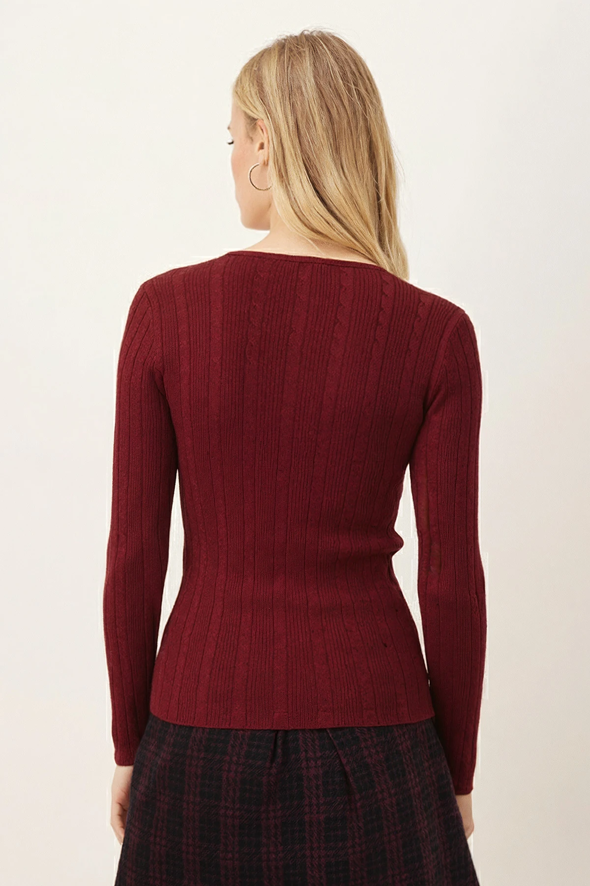 Kadın Bordo V Yaka Bedene Oturan Uzun Kollu Bluz ARM-26K001058