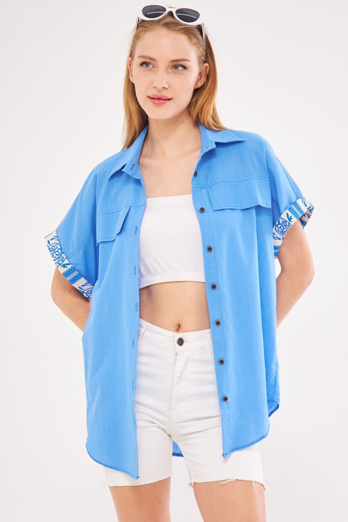 Kadın Bebe Mavi Oversize Duble Kol Detaylı Gömlek ARM-24Y001075