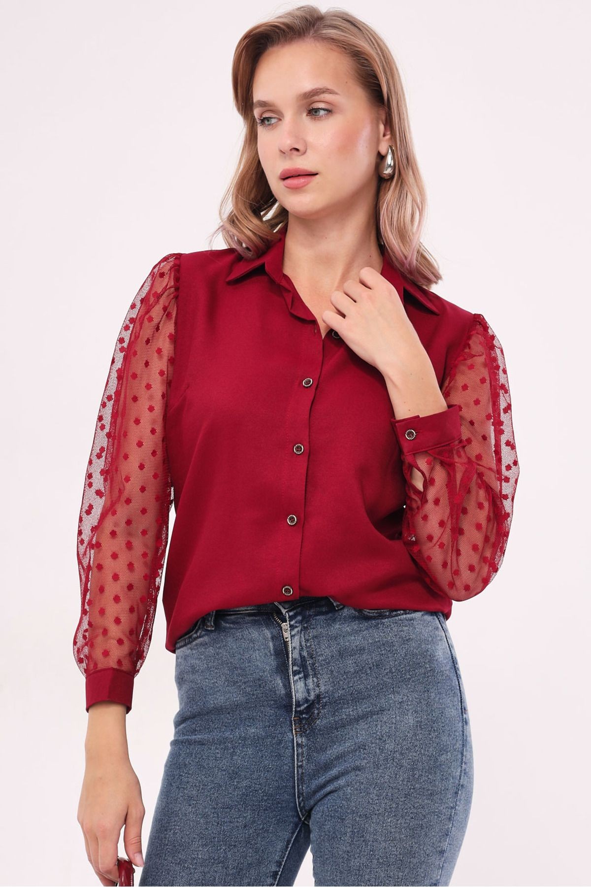Kadın Bordo Kolları Tül Gömlek ARM-20K001068