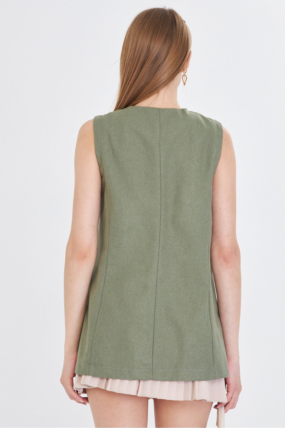 Kadın Haki V Yaka Tek Düğme Oversize Yelek ARM-25Y001036