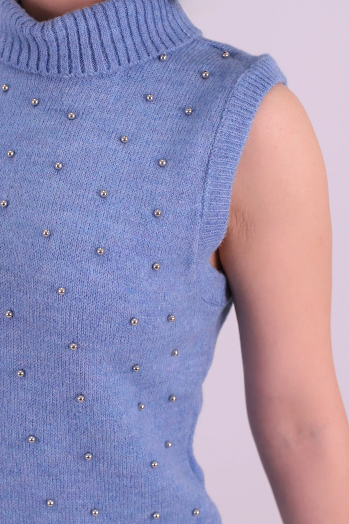 Kadın Mavi Önü Boncuklu Kolsuz Triko Elbise ARM-26K136034