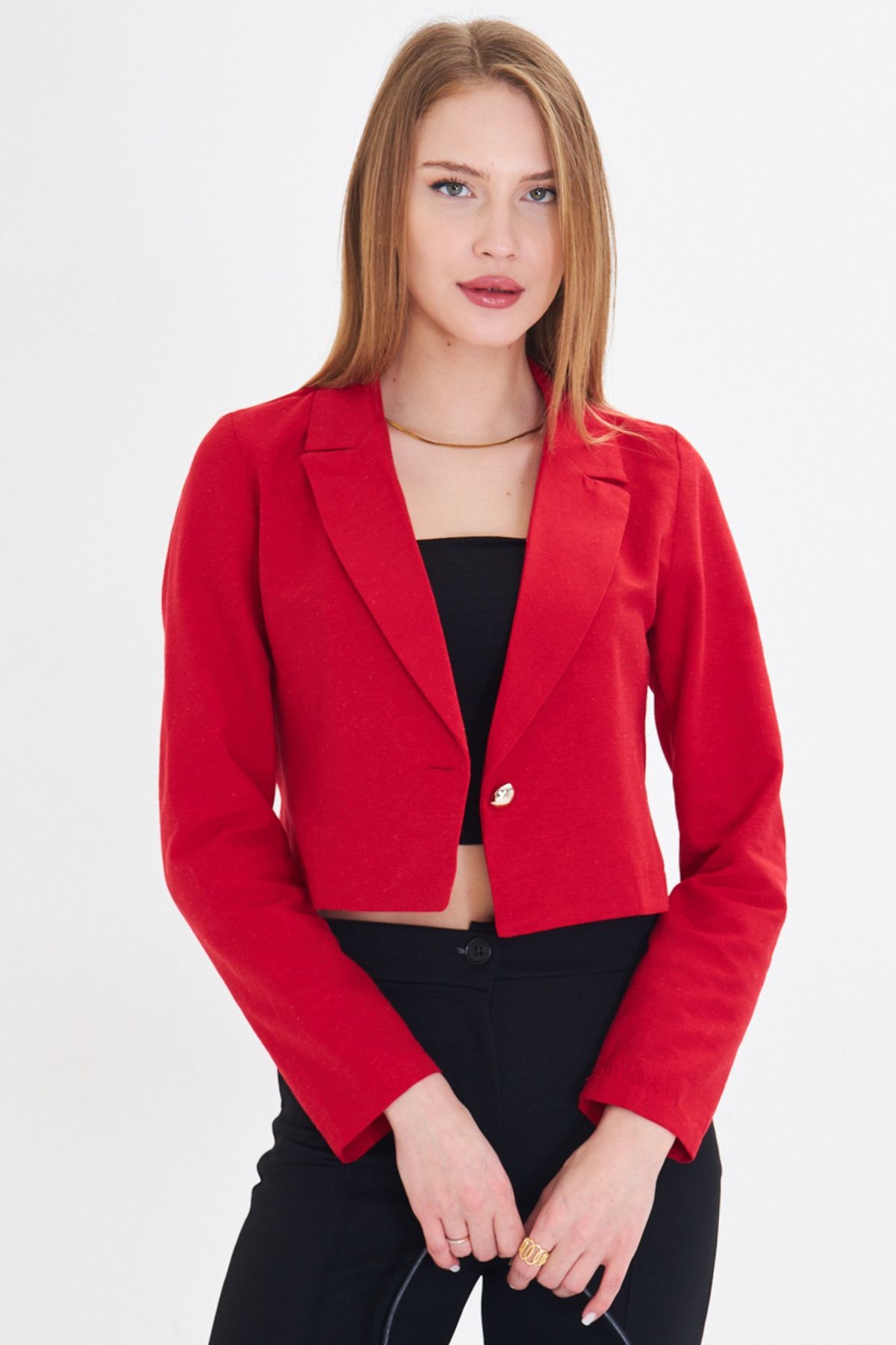 Kadın Kırmızı Tek Düğmeli Crop Ceket ARM-23Y001064