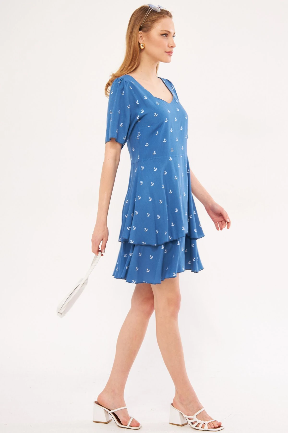Kadın Mavi Eksi Elbise Kısa Kollu Eteği Katlı Fermuarlı Desenli Mini Boy ARM-24Y001026