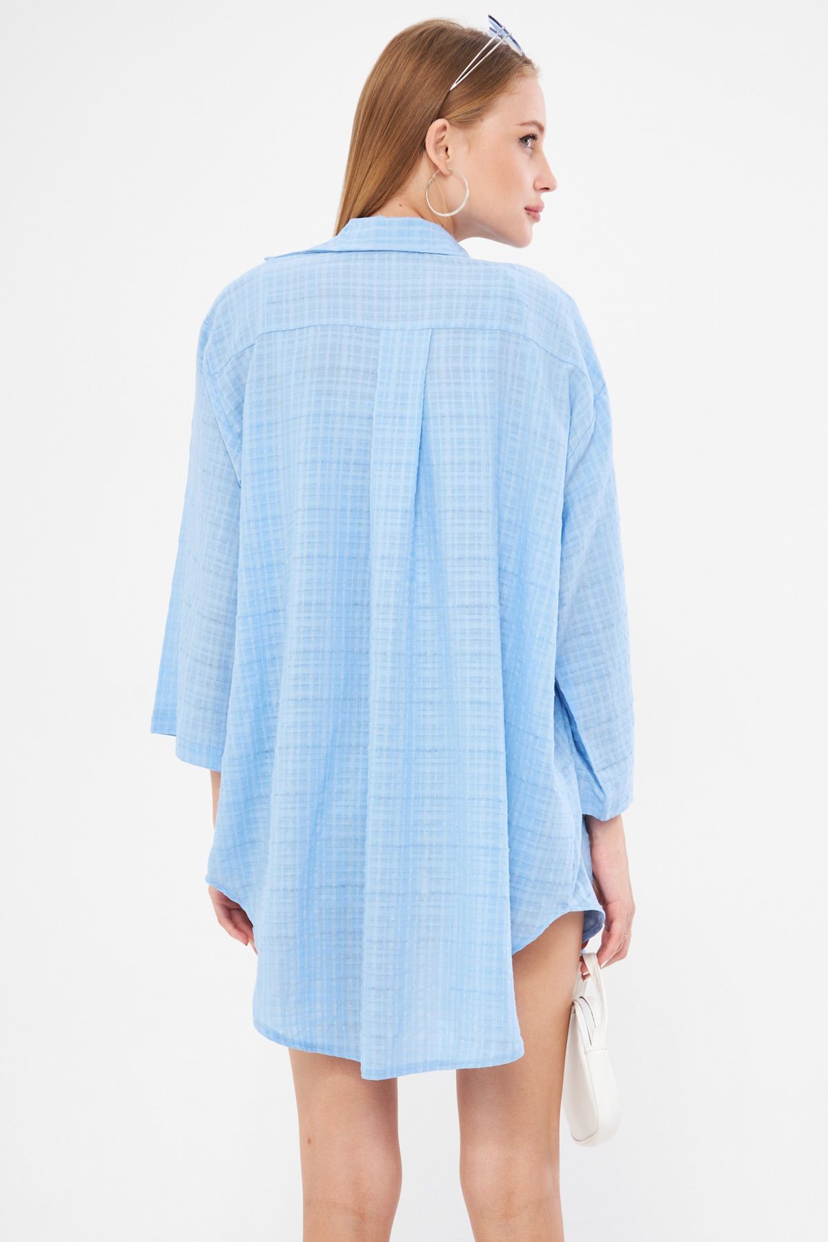 Kadın Bebe Mavi Kendinden Çizgili Önden Bağlamalı Kimono Gömlek ARM-24Y001101