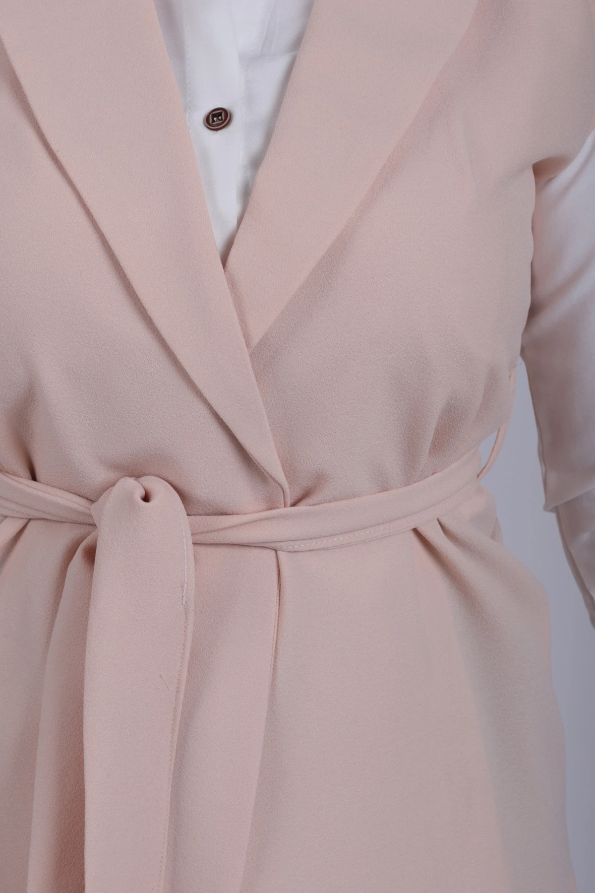 Kadın Bej Erkek Yaka Beli Kuşaklı Keten Görünümlü Yelek ARM-25Y001079