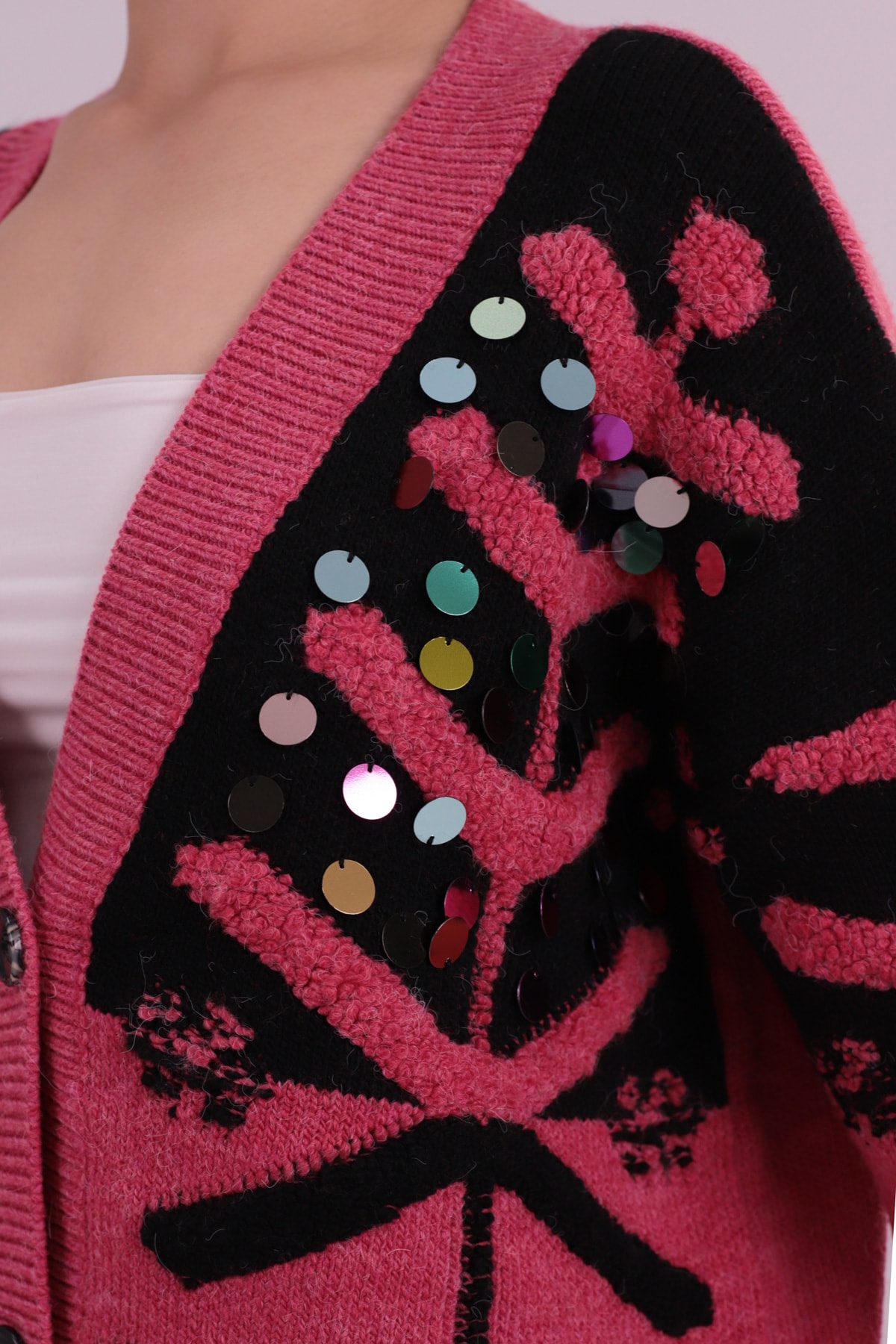 Kadın Fuşya Pullu Düğmeli Triko Hırka ARM-26K136025