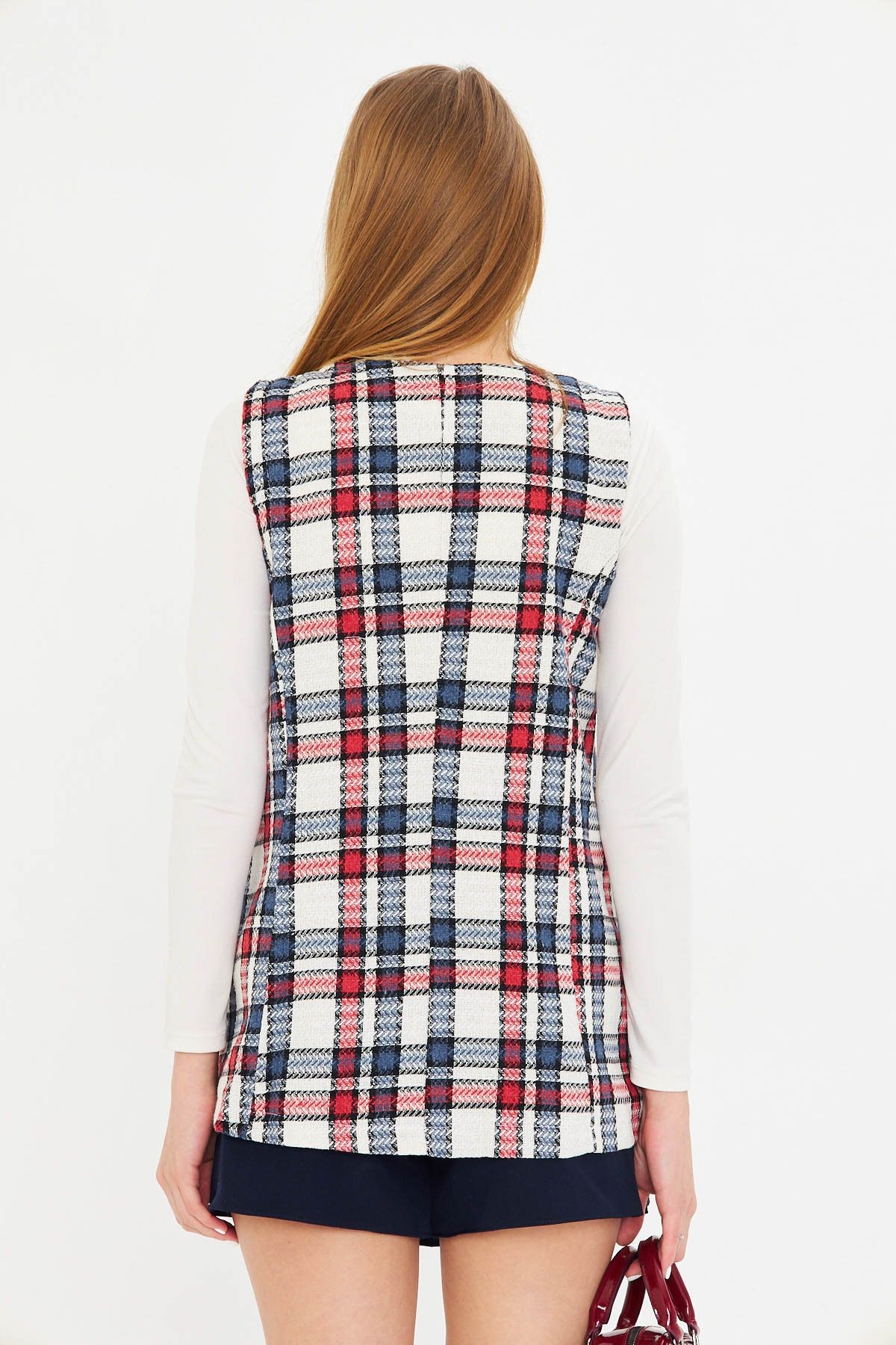 Kadın Kırmızı V Yaka Tek Düğmeli Oversize Ekoseli Yelek ARM-25K001111