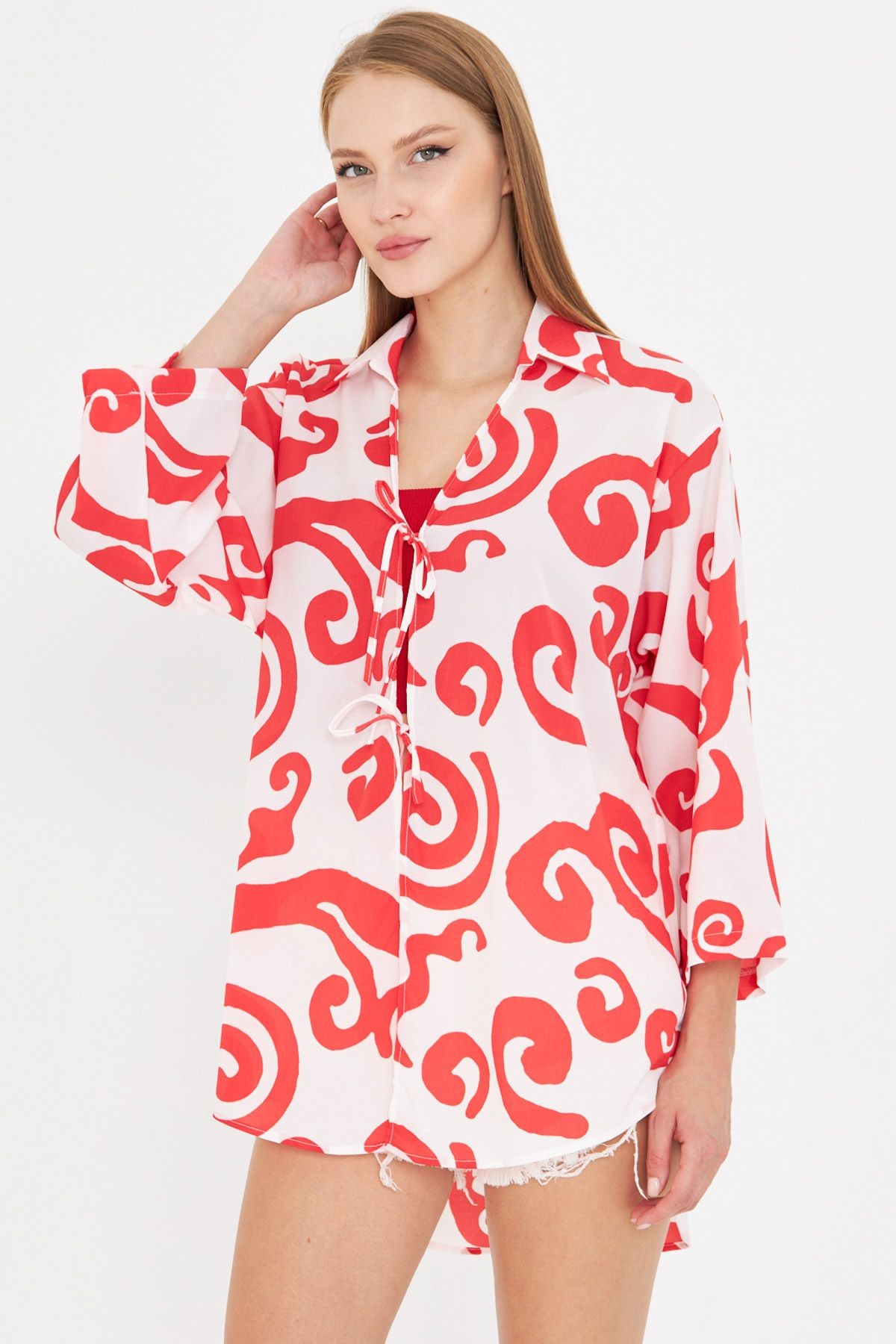 Kadın Kırmızı-Beyaz Gömlek Yaka Önden Bağcıklı Kimono ARM-25K001006