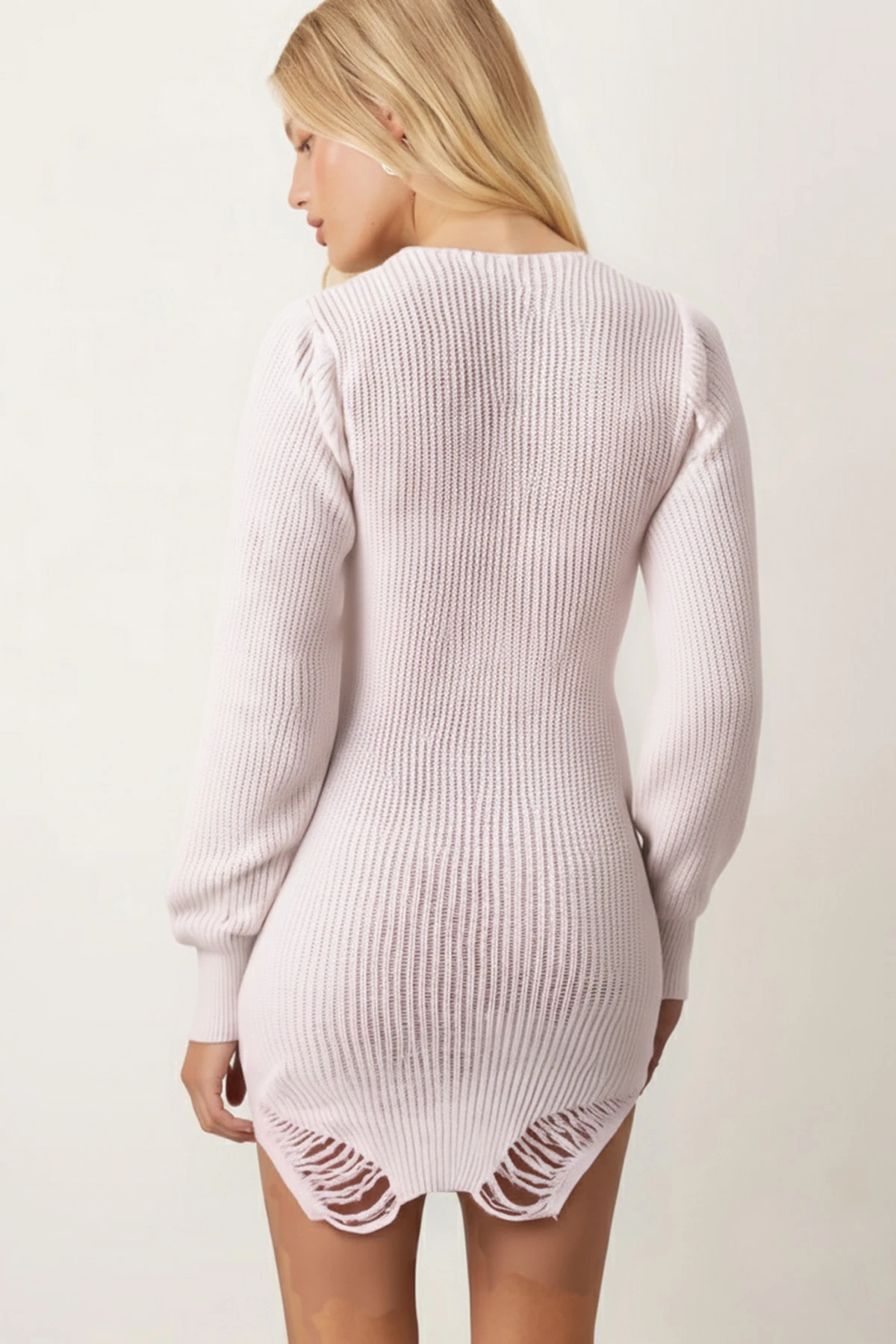 Kadın Ekru V Yaka Etek Ucu Yırtıklı Triko Elbise ARM-26K136008