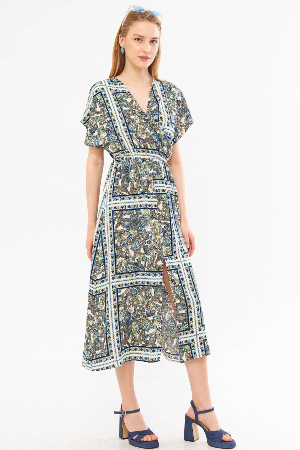 Kadın Lacivert Kruvaze Yaka Yarasa Kol Beli Lastikli Önden Yırtmaçlı Uzun Elbise ARM-24Y001059