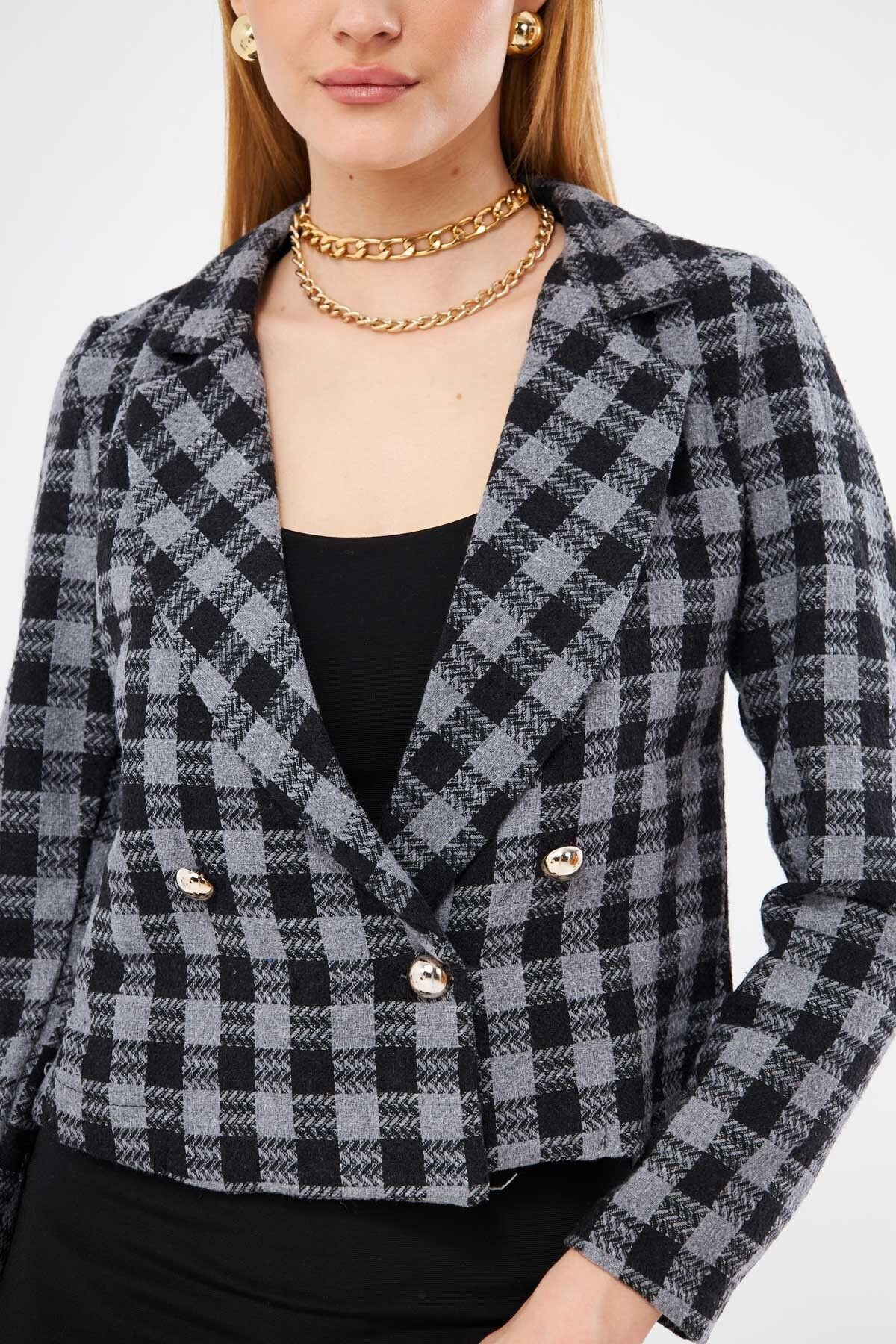 Kadın Füme Kruvaze Yaka Tüvit Crop Ceket ARM-24K001014