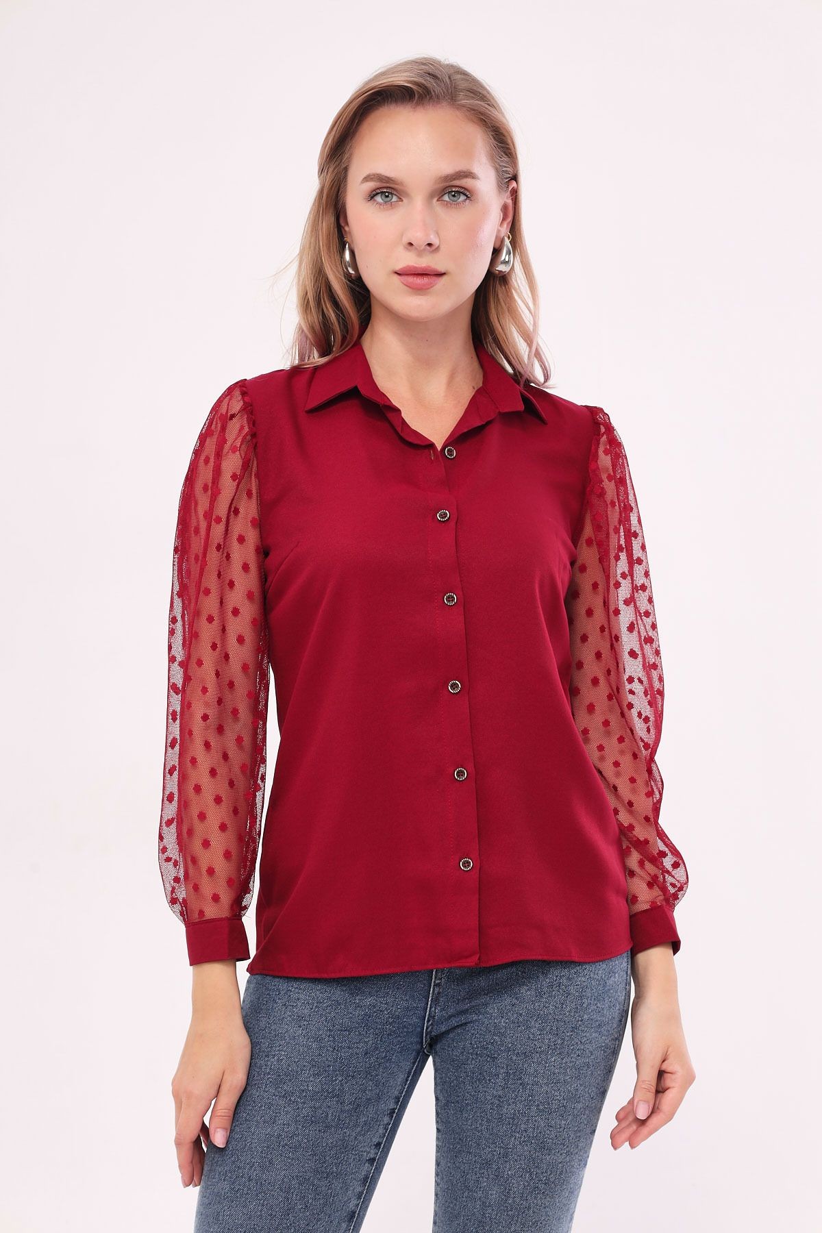 Kadın Bordo Kolları Tül Gömlek ARM-20K001068
