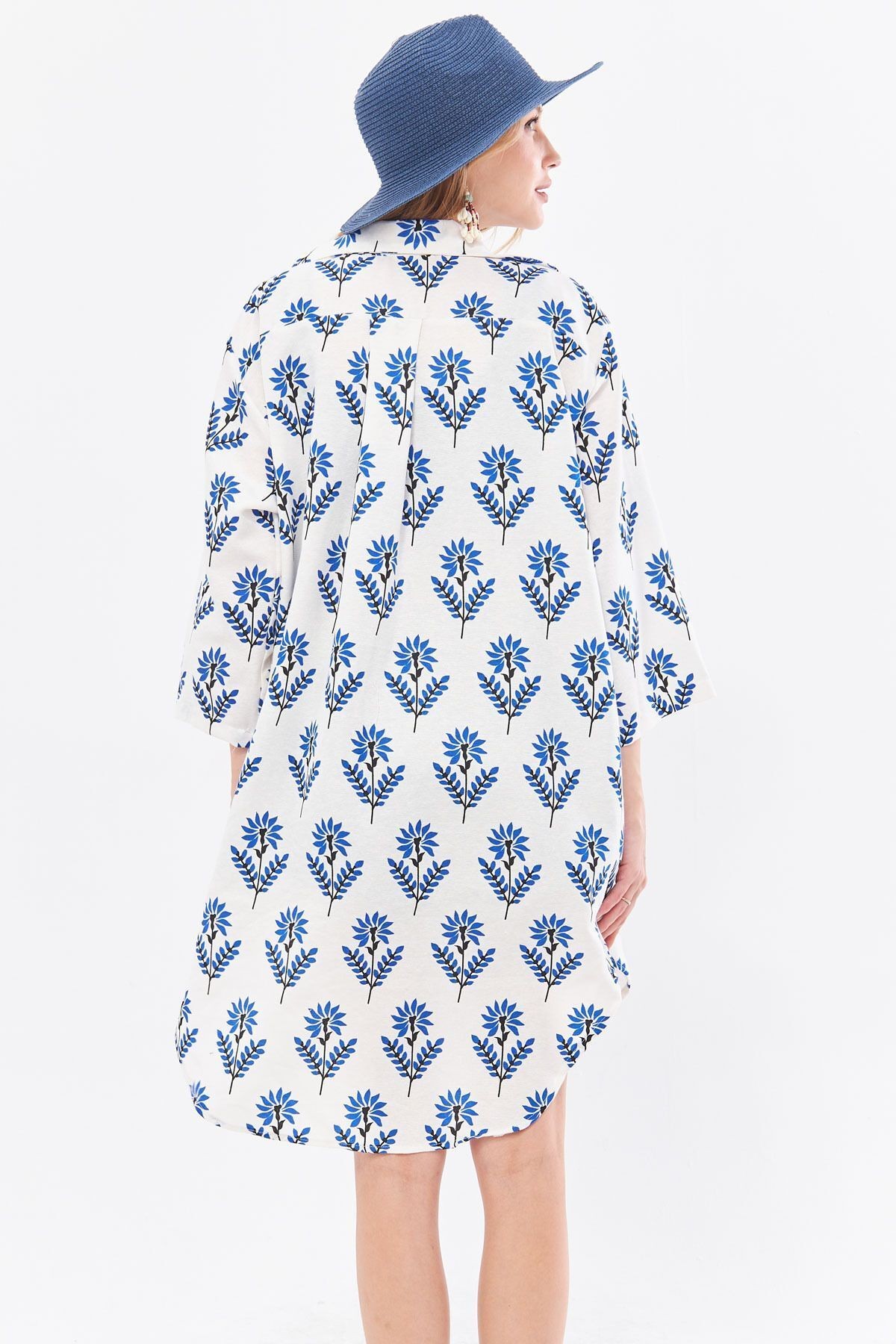 Kadın Saks Keten Görünümlü Desenli Önden Bağlamalı Midi Boy Kimono Gömlek ARM-24Y001096
