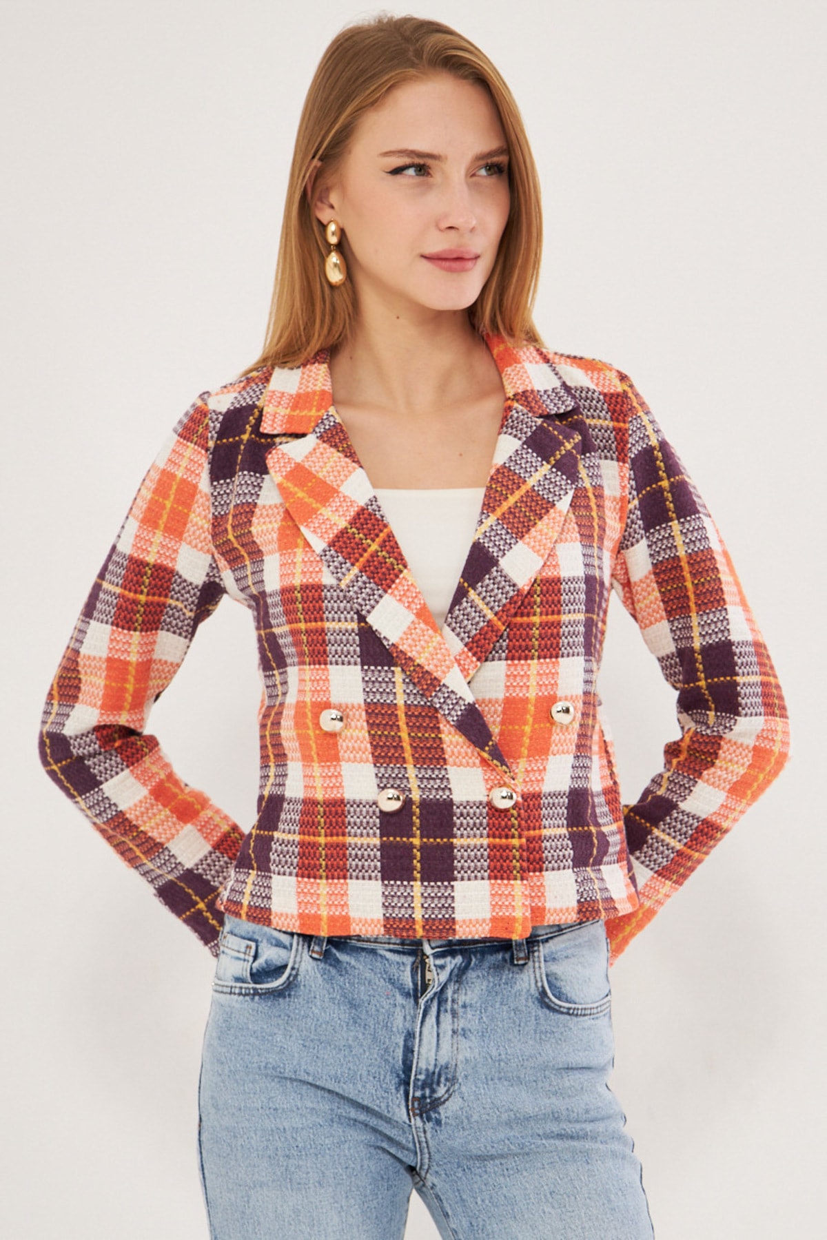 Kadın Mürdüm-Beyaz Kruvaze Yaka Tüvit Crop Ceket  ARM-24K001014