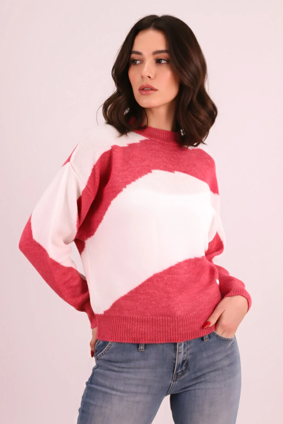 Kadın Fuşya İki Renkli Triko Kazak ARM-26K136079