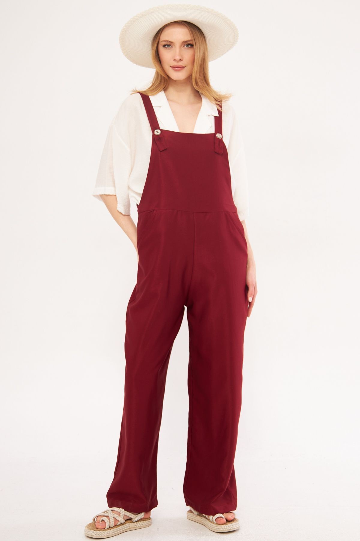 Kadın Bordo İkosi Tulum Cepli Geniş Paçalı Bahçıvan Model ARM-24Y001043