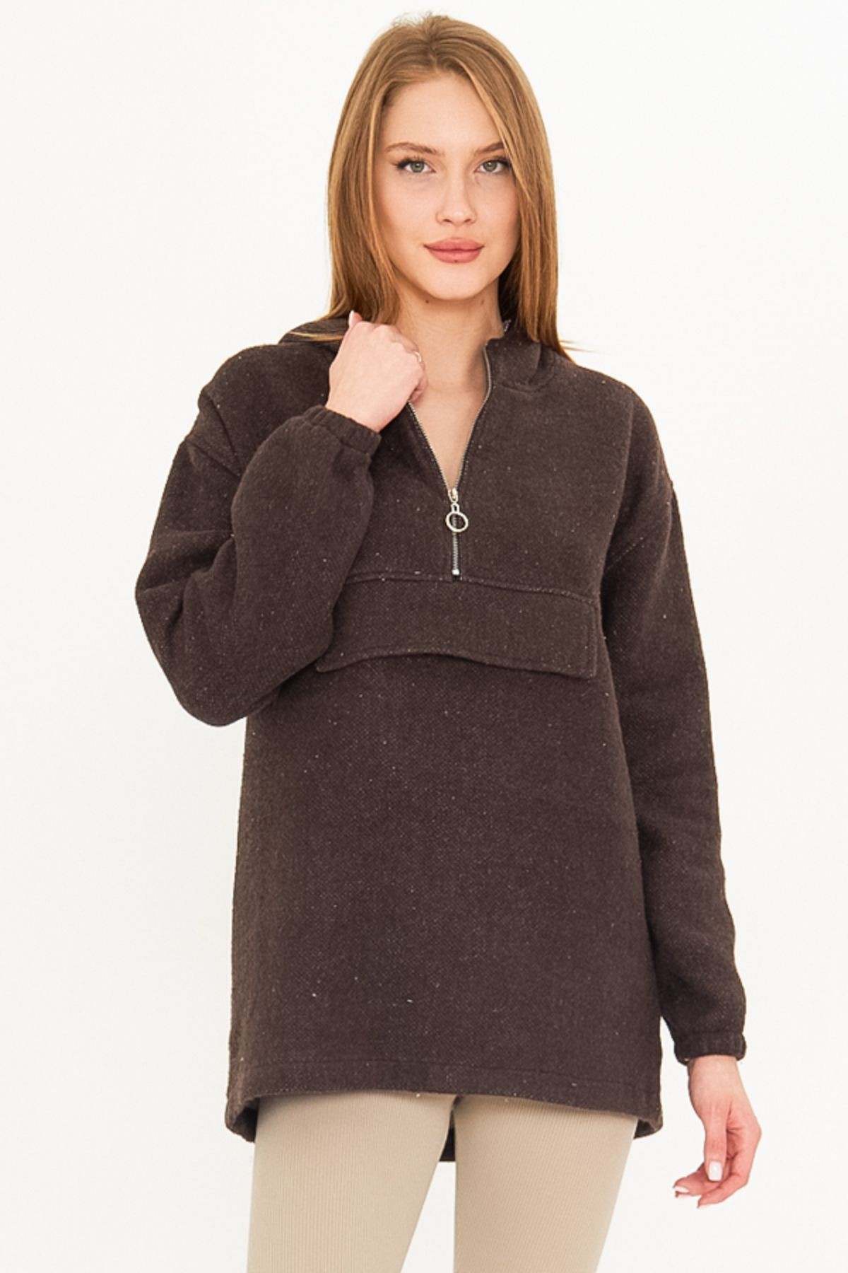 Kadın Kahve Kapüşonlu Cep Kapaklı Kaşe Sweatshirt ARM-25K001097