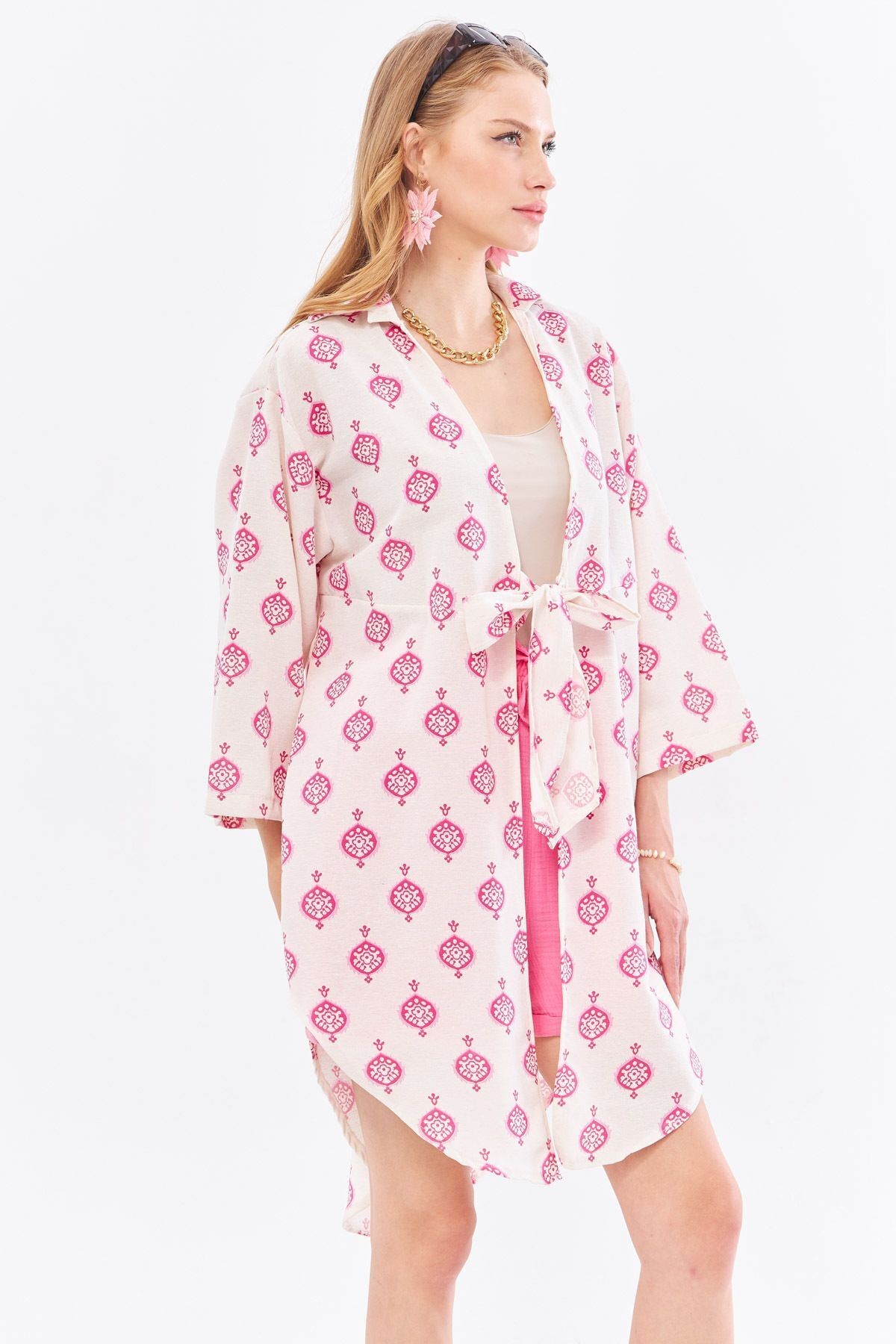 Kadın Fuşya Keten Görünümlü Desenli Önden Bağlamalı Midi Boy Kimono Gömlek ARM-24Y001096