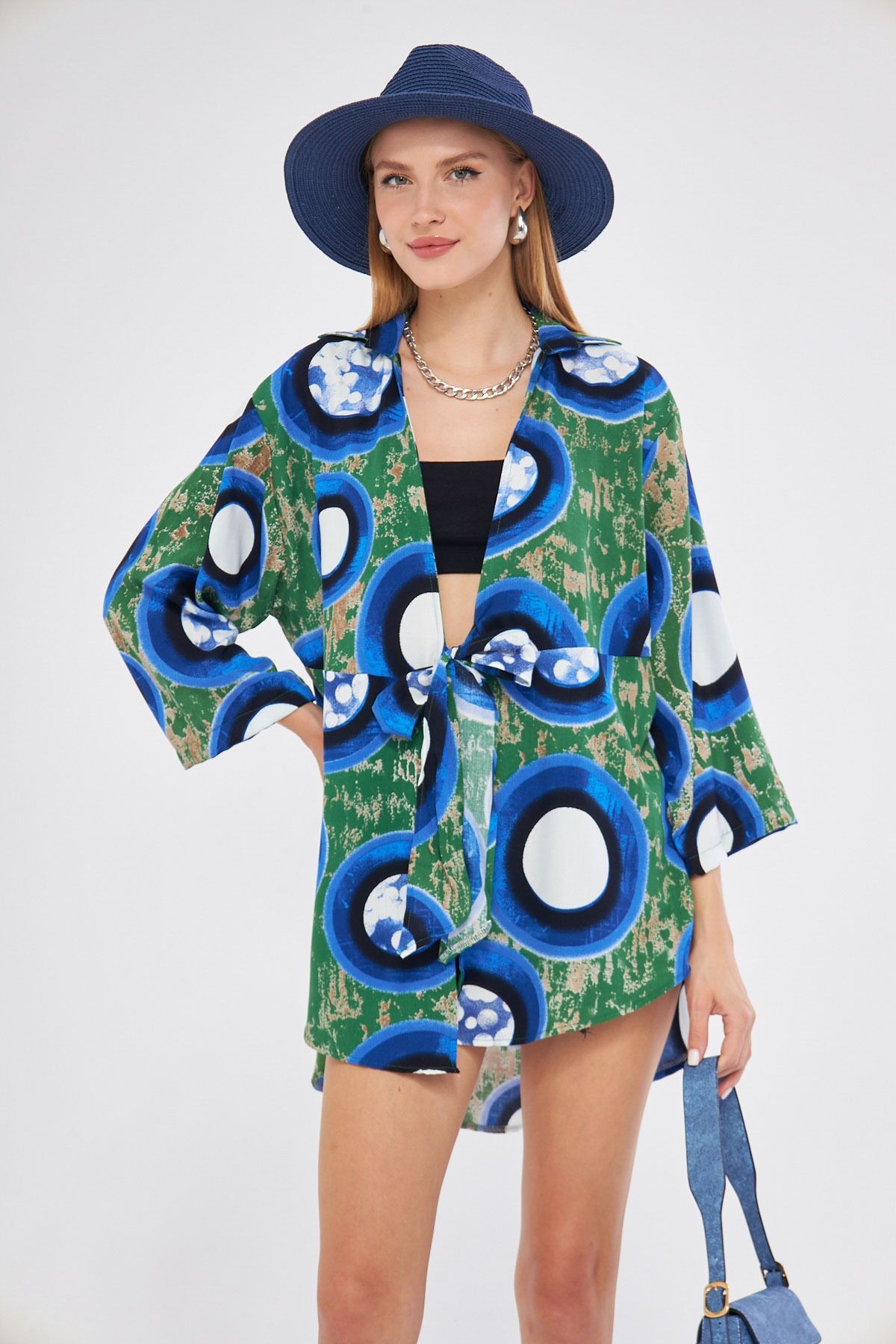 Kadın Koyu Yeşil Desenli Önden Bağlamalı Kimono Gömlek ARM-24Y001080