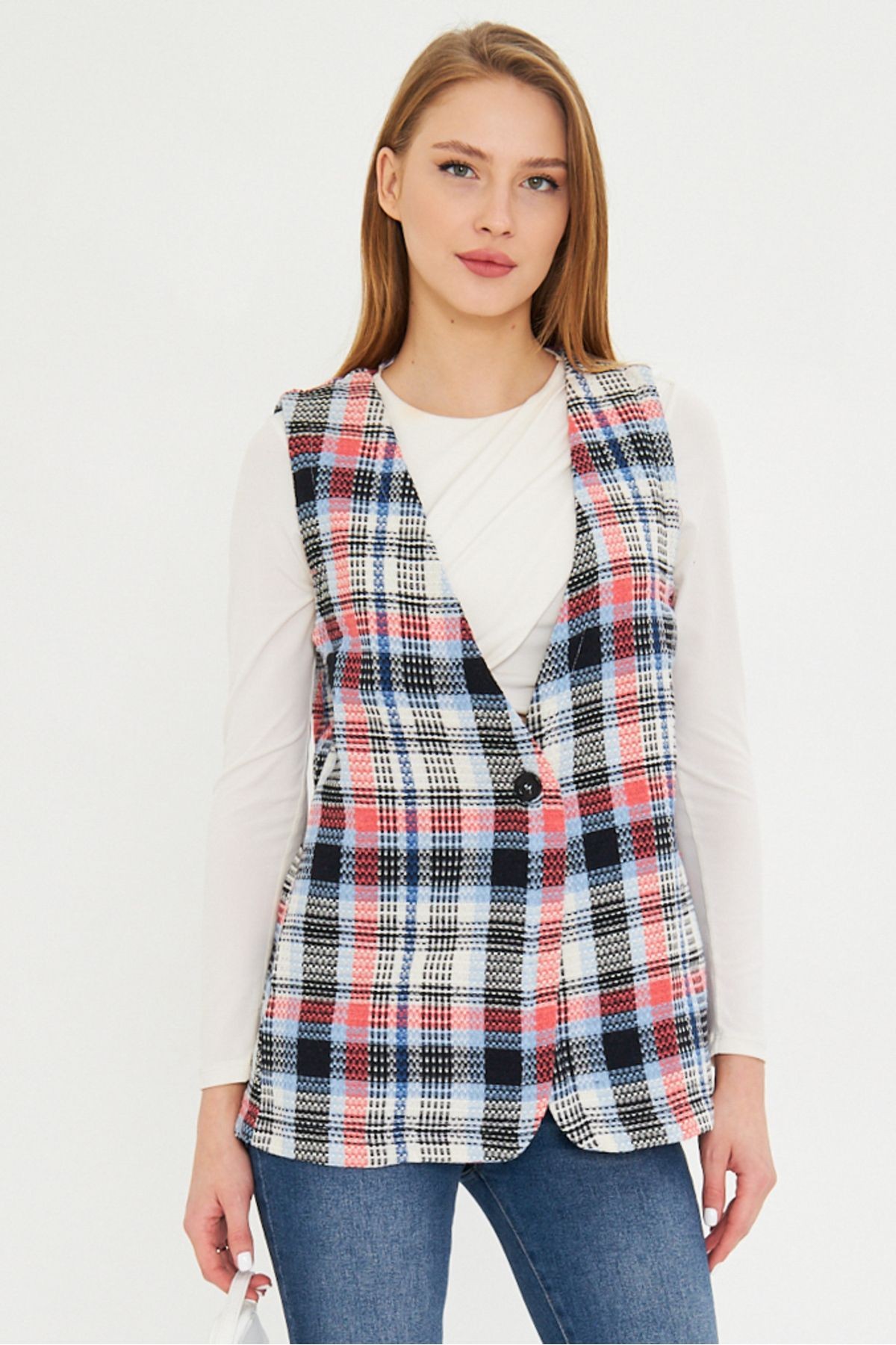 Kadın Bebe Mavi V Yaka Tek Düğmeli Oversize Ekoseli Yelek ARM-25K001111