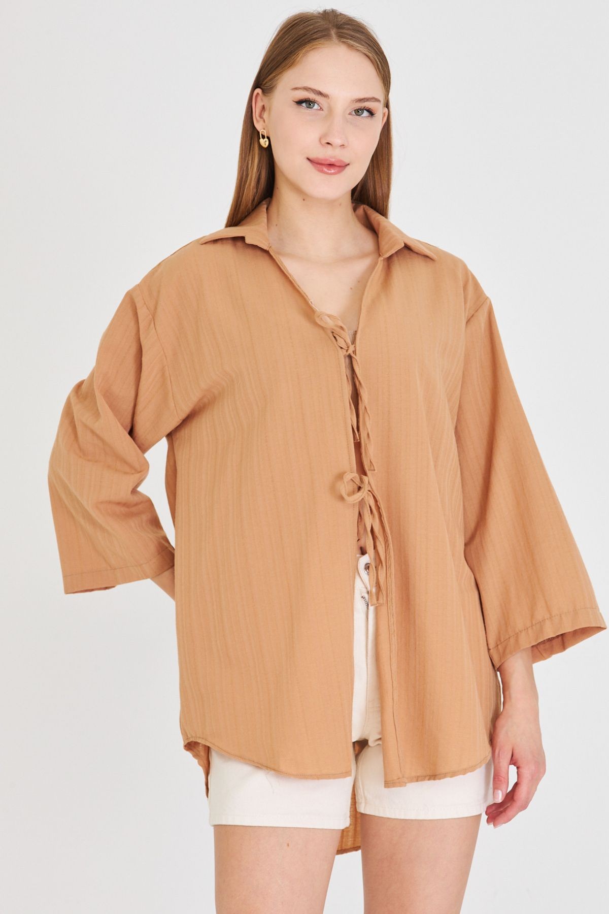 Kadın Camel Gömlek Yakalı Önden Bağcıklı Kimono Gömlek ARM-25K001006