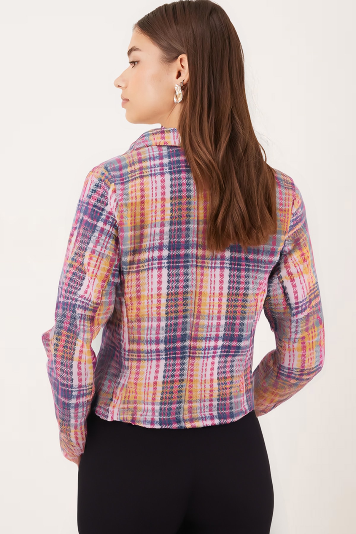 Kadın Sarı-Fuşya Kruvaze Yaka Tüvit Crop Ceket ARM-24K001014