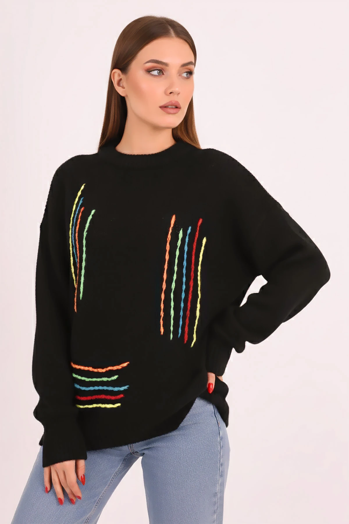 Kadın Siyah Renkli İp Detaylı Triko Kazak ARM-26K136073