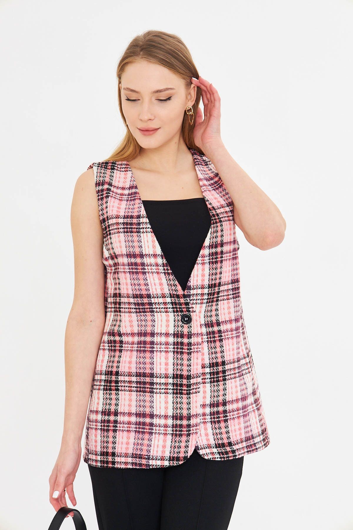 Kadın Pudra V Yaka Tek Düğmeli Oversize Ekoseli Yelek ARM-25K001111
