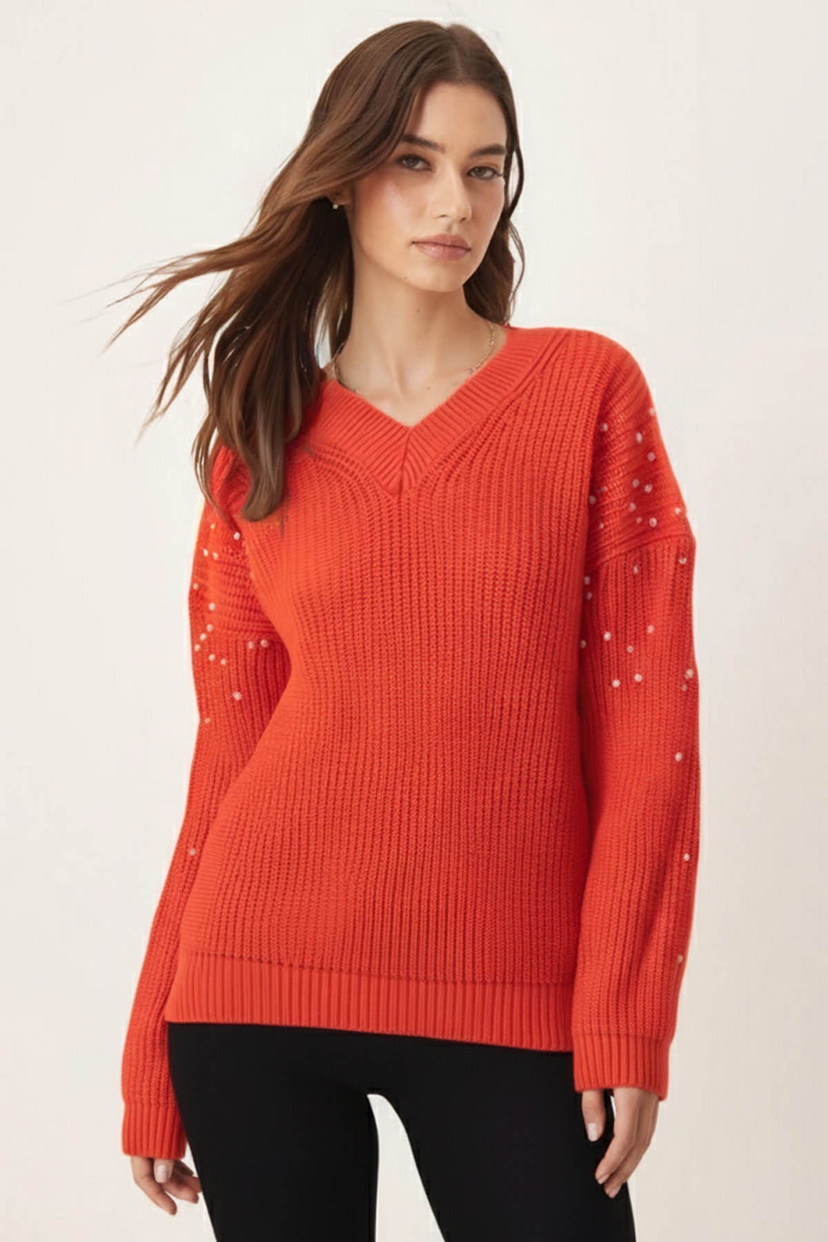 Kadın Turuncu V Yaka İncili Triko Kazak ARM-26K136036