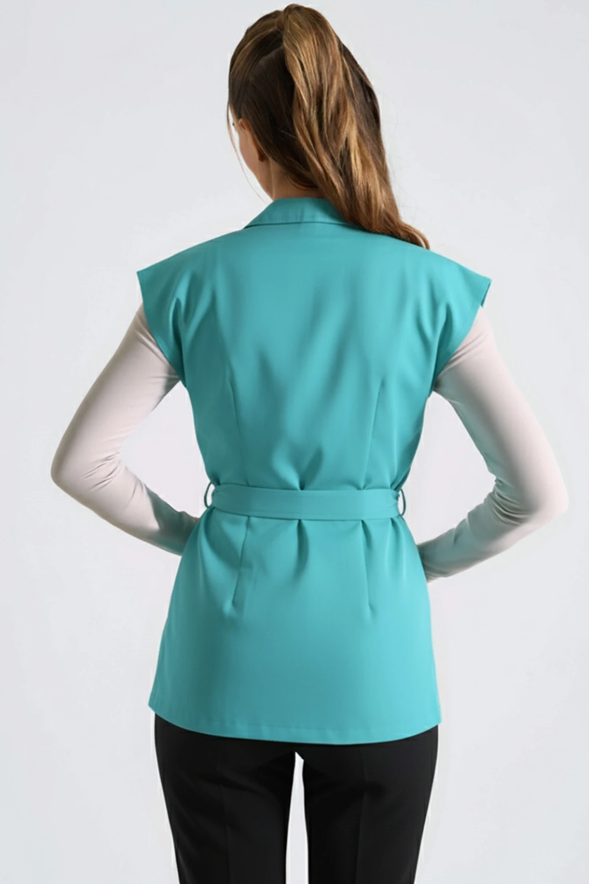 Kadın Turkuaz Erkek Yaka Beli Kuşaklı Keten Görünümlü Yelek ARM-25Y001079