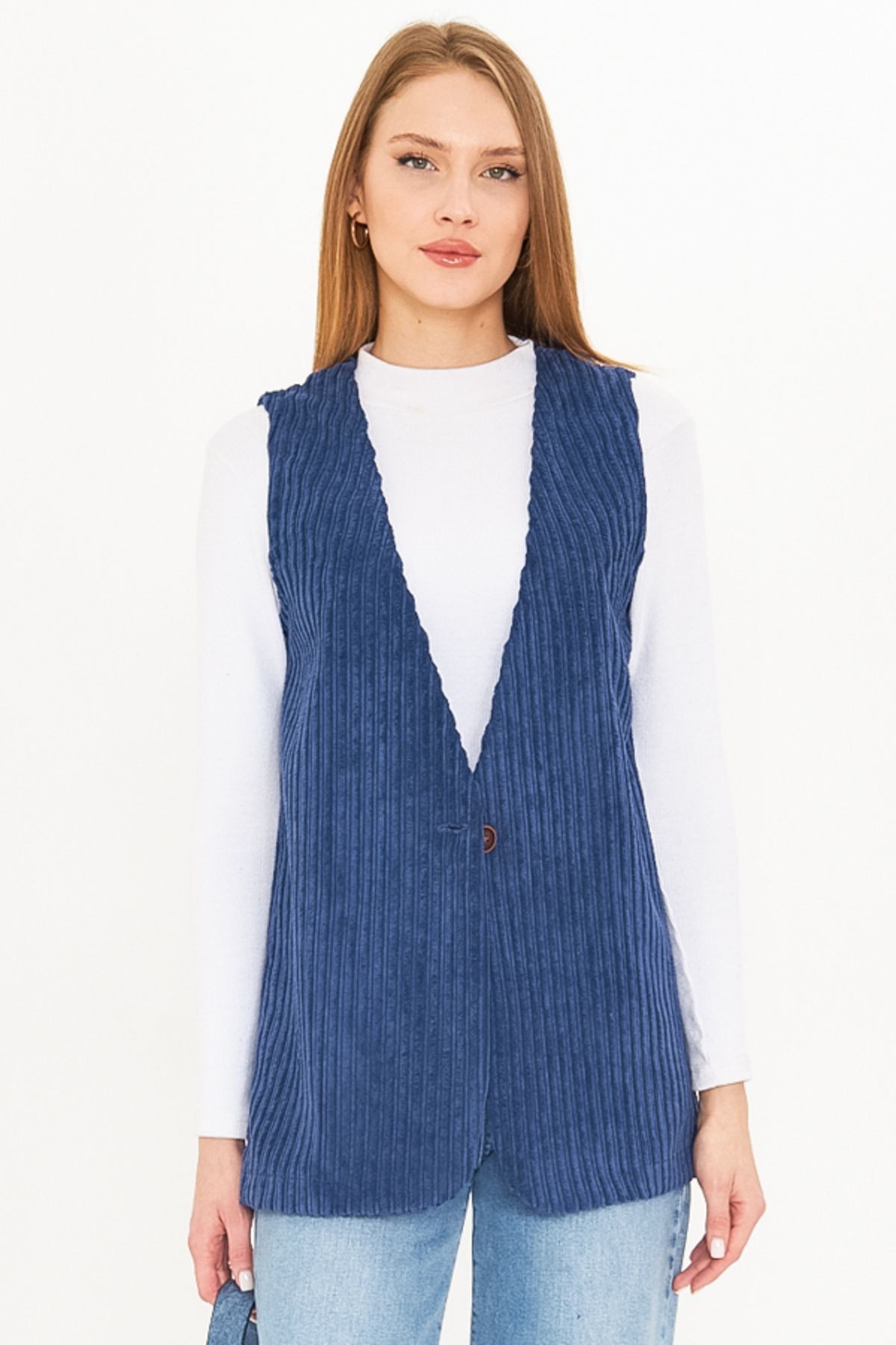 Kadın Koyu Mavi V Yaka Tek Düğmeli Oversize Kalın Fitilli Kadife Yelek ARM-25K001016