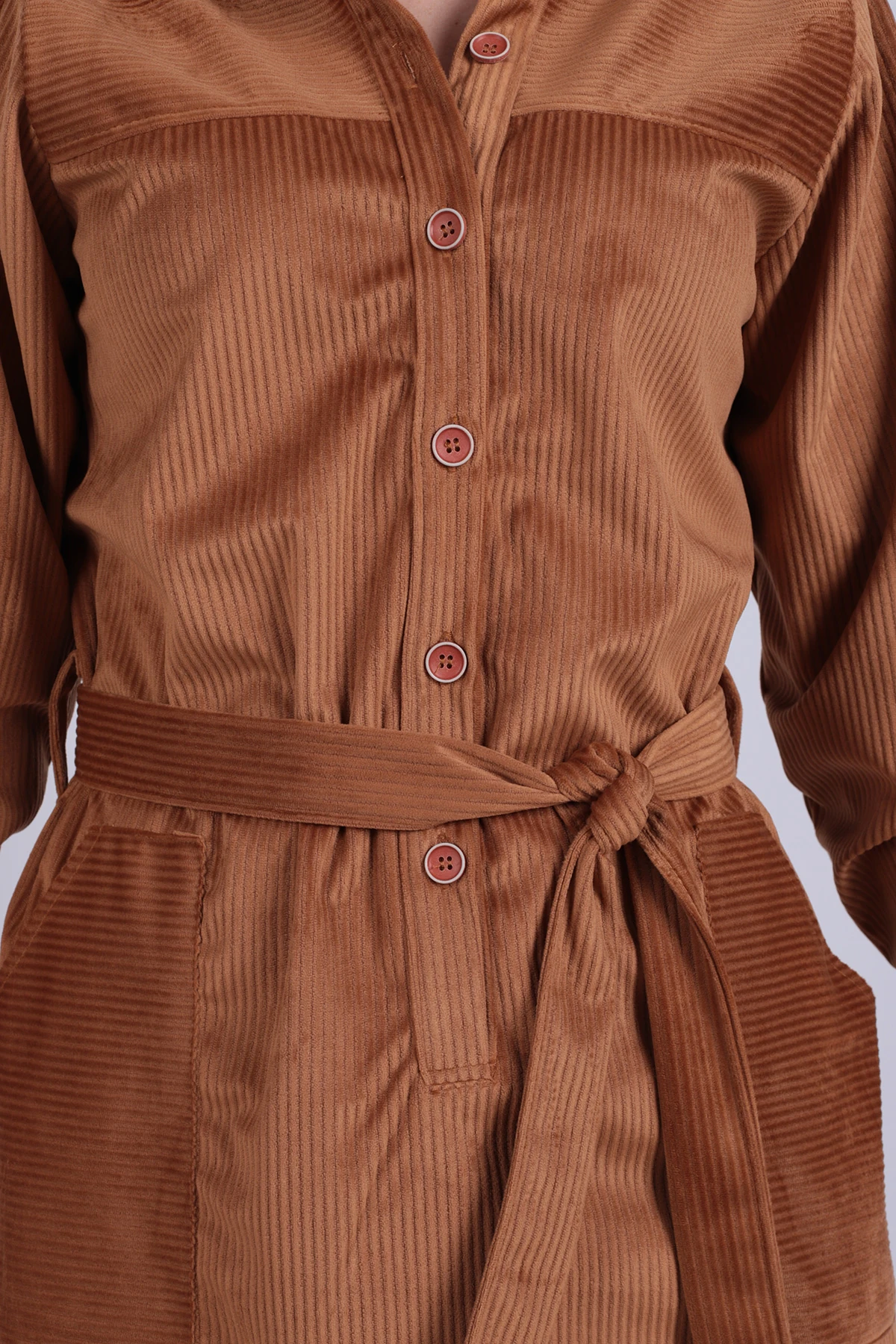 Kadın Camel Önden Düğmeli Cepli Kuşaklı Kadife Elbise ARM-25K001085