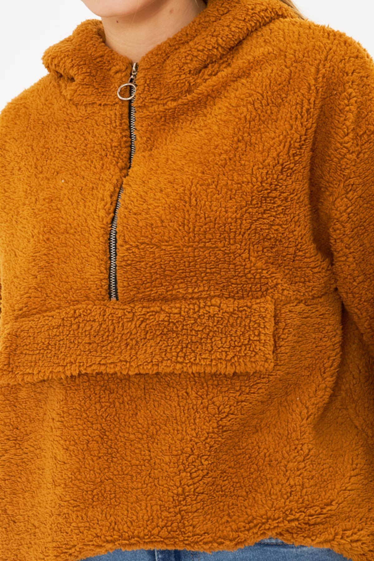 Kadın Camel Kapüşonlu Cep Kapaklı Peluş Sweatshirt ARM-25K001090