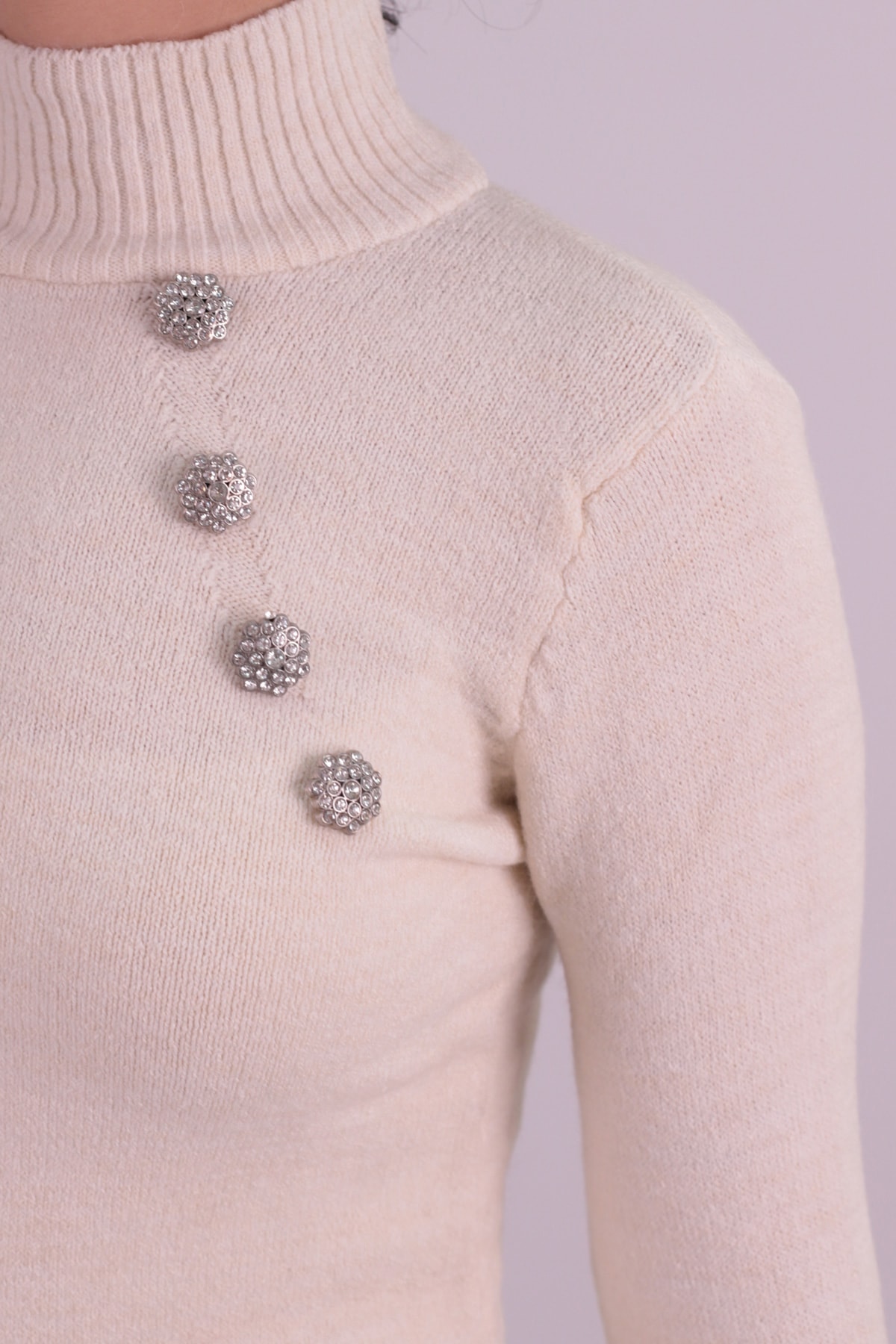 Kadın Ekru Yarım Balıkçı Yakası Taşlı Triko Elbise ARM-26K136046