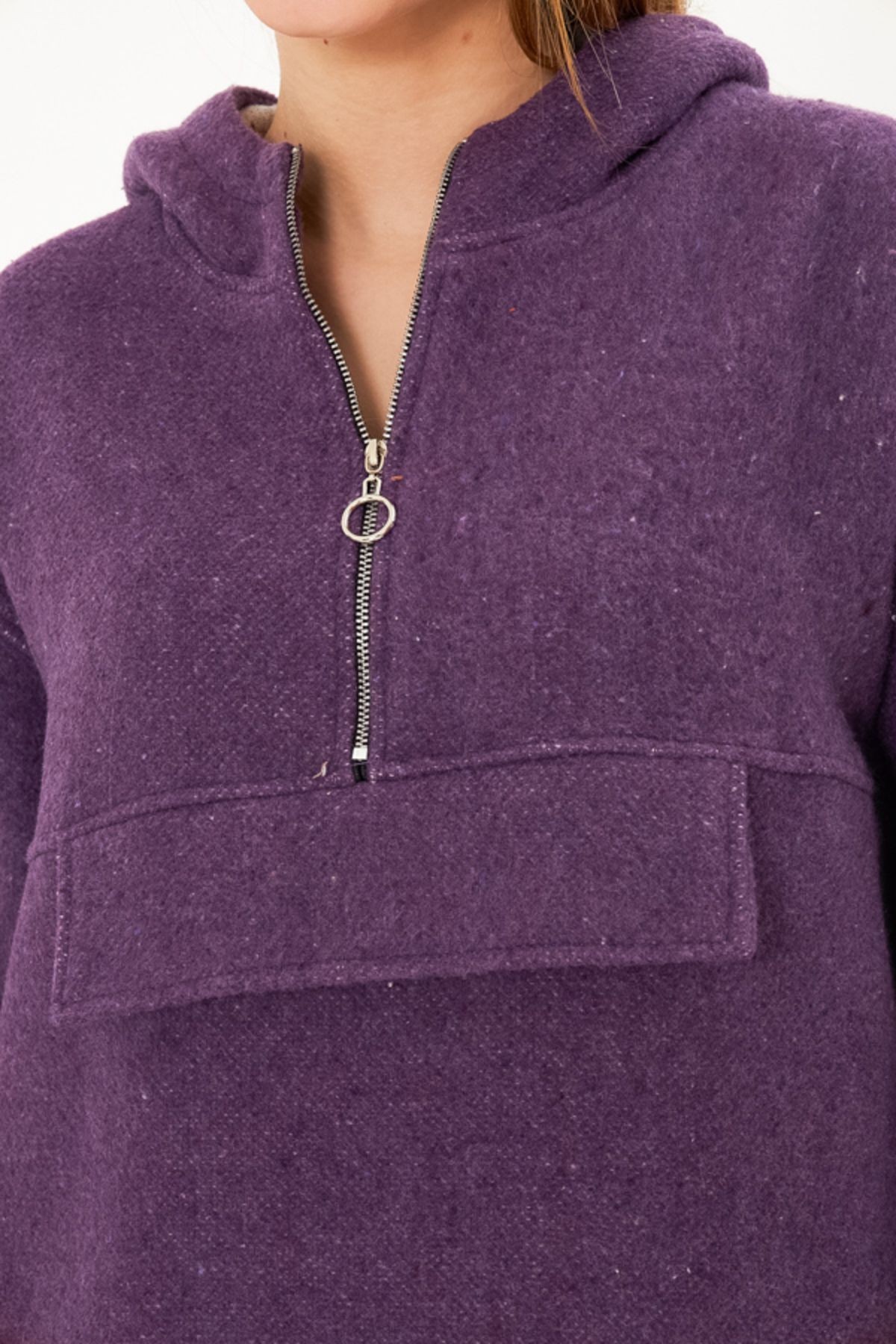 Kadın Mor Kapüşonlu Cep Kapaklı Kaşe Sweatshirt ARM-25K001097