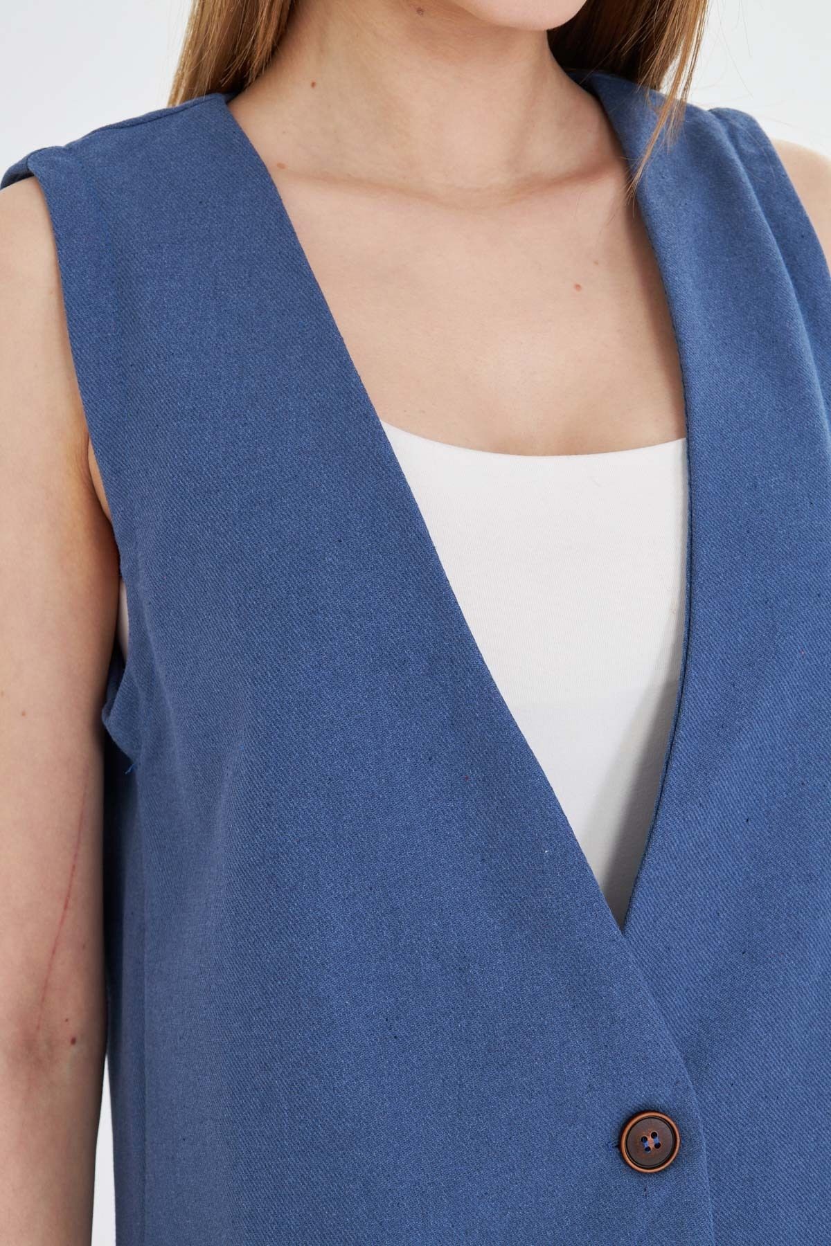 Kadın Koyu Mavi V Yaka Tek Düğme Oversize Yelek ARM-25Y001036