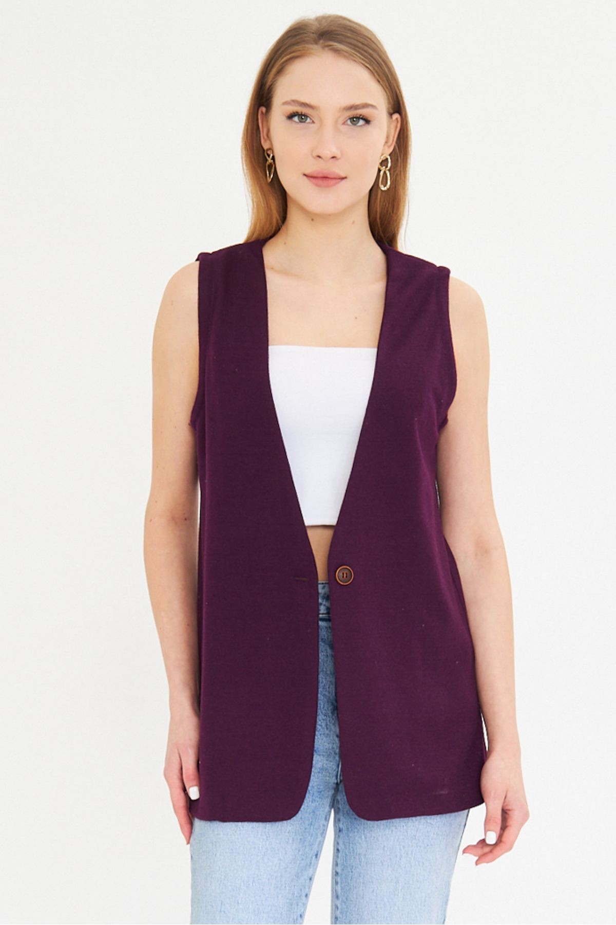 Kadın Mor V Yaka Tek Düğmeli Oversize Desenli Yelek ARM-25K001110