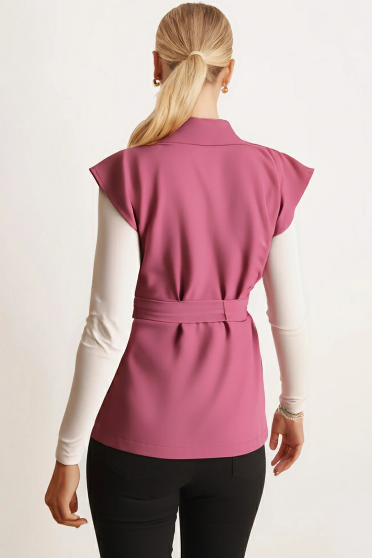 Kadın Gül Kurusu Erkek Yaka Beli Kuşaklı Keten Görünümlü Yelek ARM-25Y001079